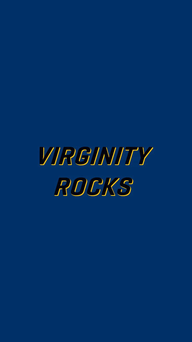  壁紙 — 粗體黃色文字 'VIRGINITY ROCKS' 居中顯示在純海軍藍背景上。