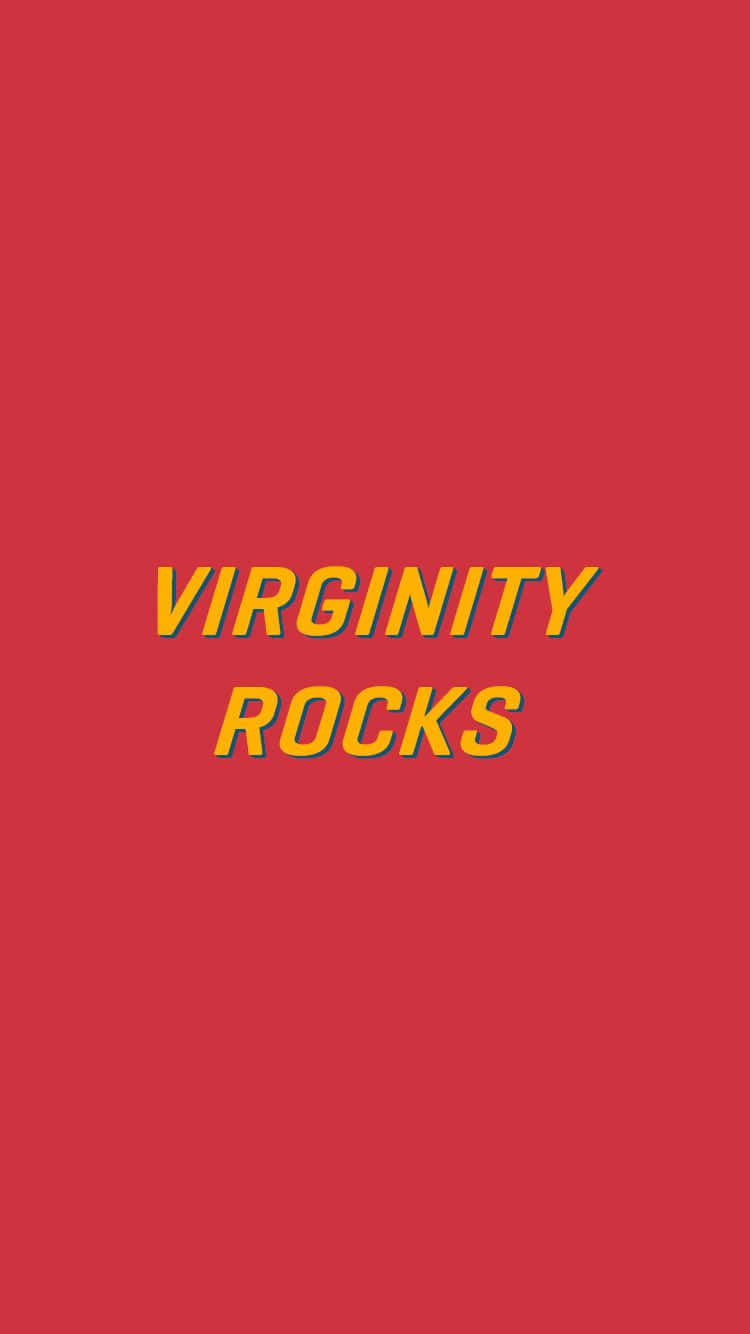 壁紙 — 粗體黃色文字「VIRGINITY ROCKS」居中顯示在純紅色背景上，帶有微妙的陰影。