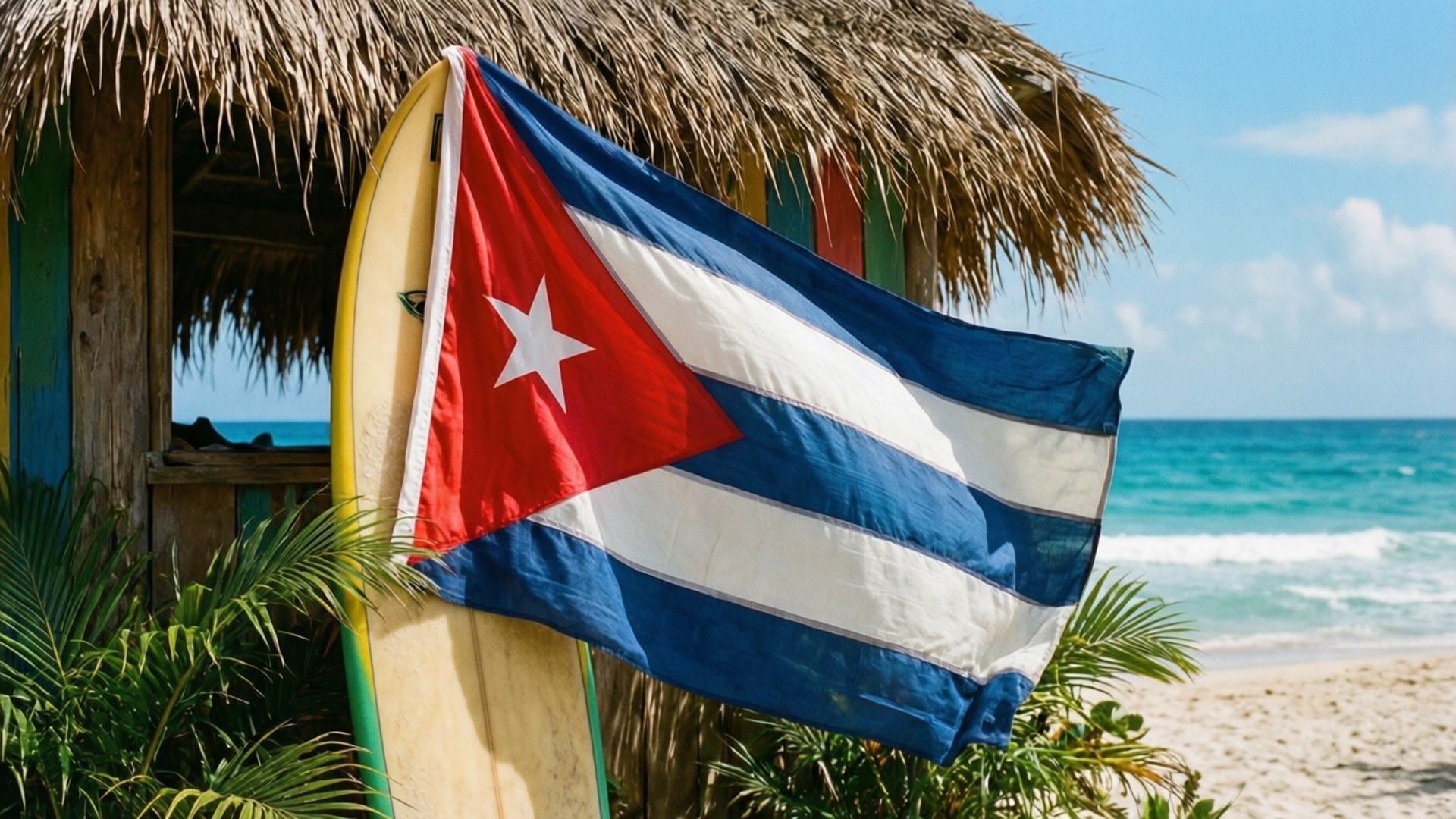 Surfboard Flag 壁紙 — 古巴國旗在衝浪板旁邊飄揚，背景是茅草海灘小屋和碧綠的海浪。