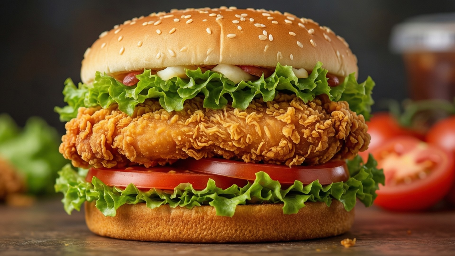 Crispy Chicken Sandwich 壁紙 — 一個高聳的脆皮雞肉漢堡，配有新鮮生菜、番茄和芝麻麵包，放在質樸的木桌上，背景是模糊的番茄。