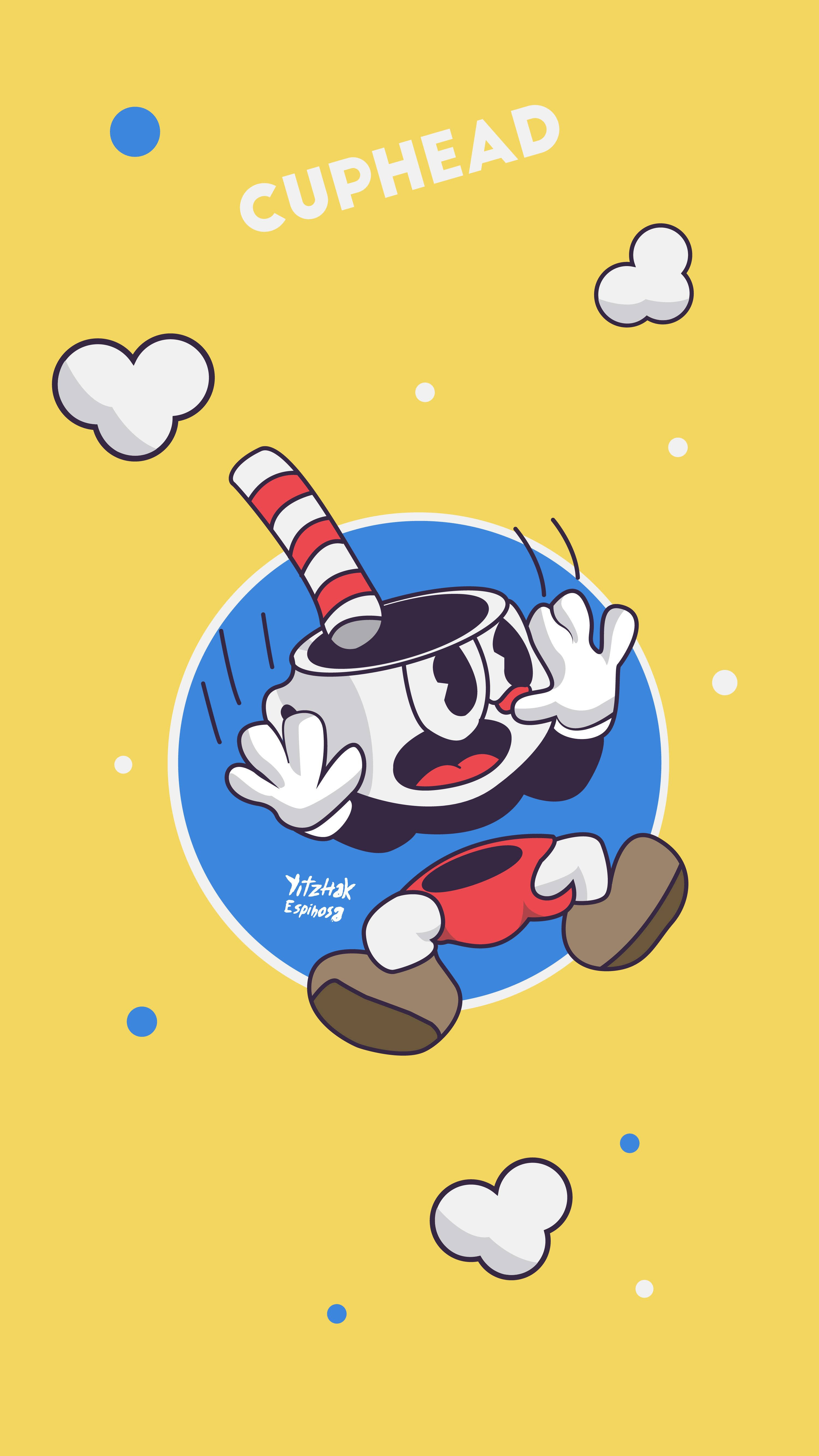茶杯頭 桌布 壁紙 — Cuphead，動畫杯頭角色，在藍色圓圈中快樂地漂浮，背景為明亮的黃色，帶有白色雲朵和藍色圓點。