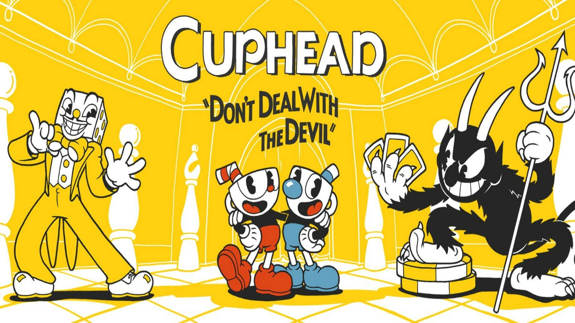 茶杯頭 桌布 壁紙 — Cuphead 和 Mugman 站在一個明亮的黃色賭場場景中，面對一個惡魔般的賭徒和一個有角的惡魔。