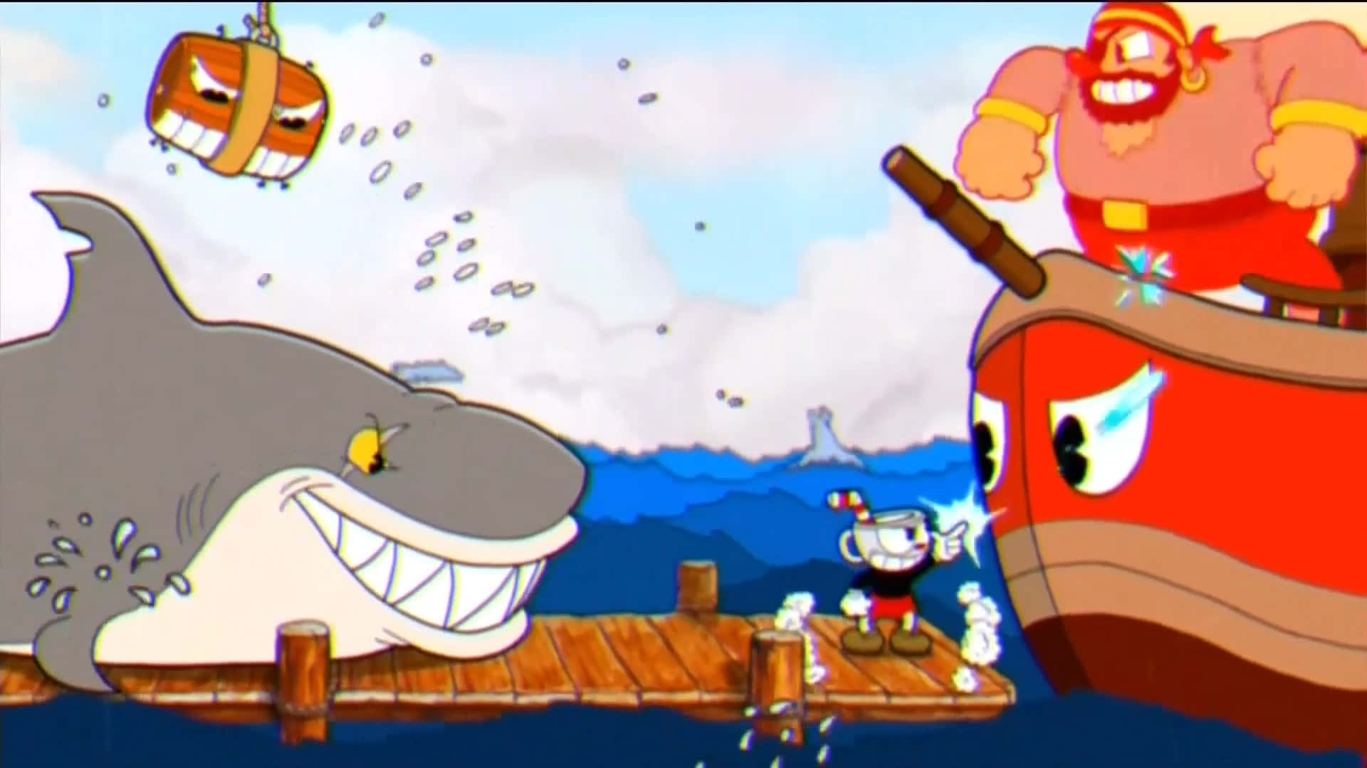 茶杯頭 桌布 壁紙 — Cuphead 站在碼頭上，面對一條巨型鯊魚和一個在紅色船上裝有大砲的海盜船長。