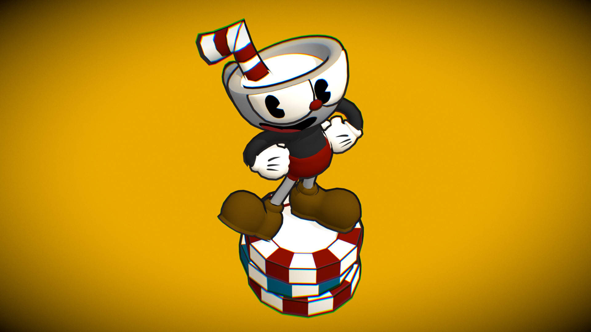 茶杯頭 桌布 壁紙 — Cuphead 自信地站在一堆紅白藍條紋杯子上，背景為純黃色。