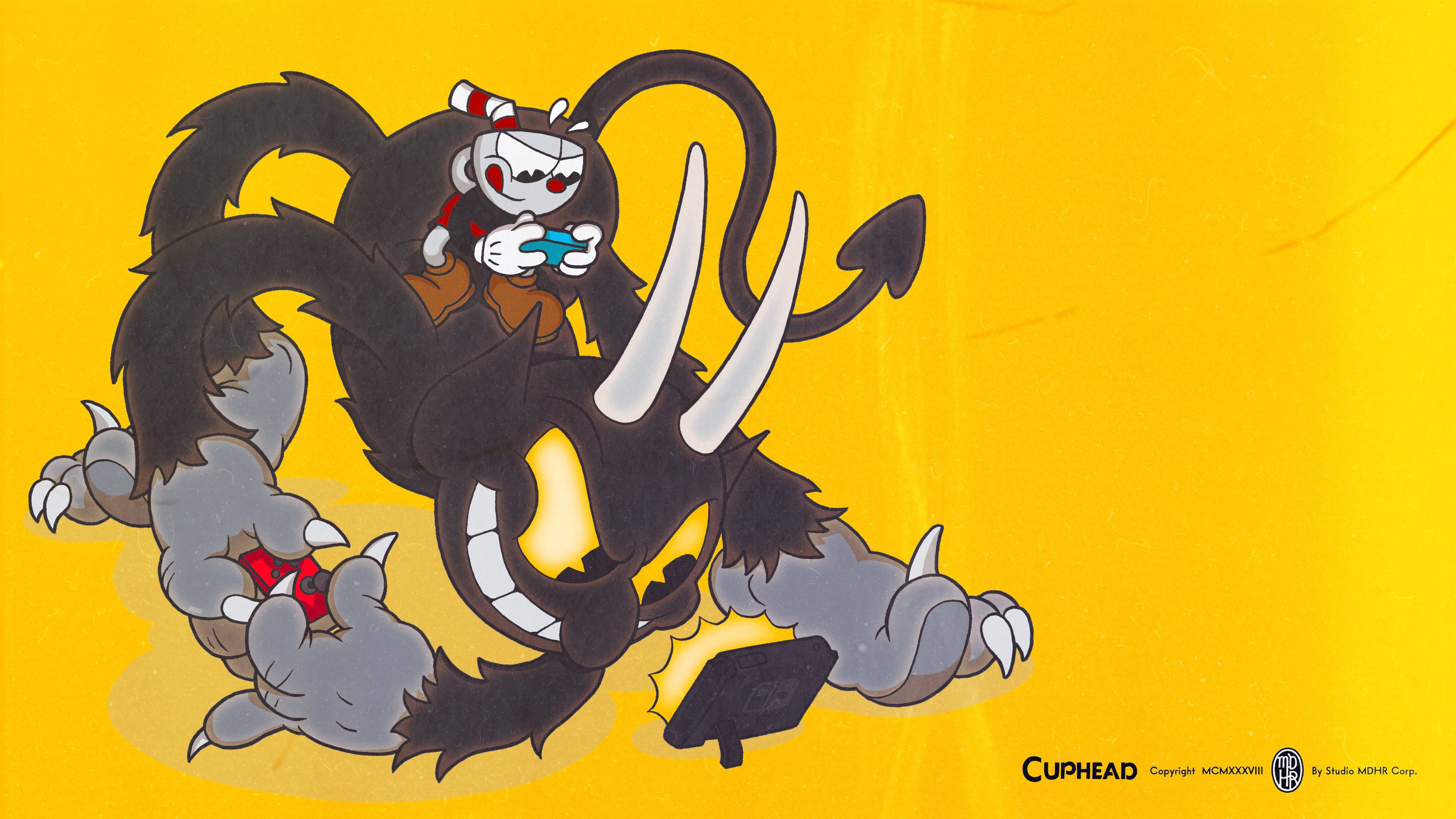 茶杯頭 桌布 壁紙 — Cuphead 騎著一隻巨大的黑色野豬狀怪物，背景是明亮的黃色，呈現卡通風格的動作場景。