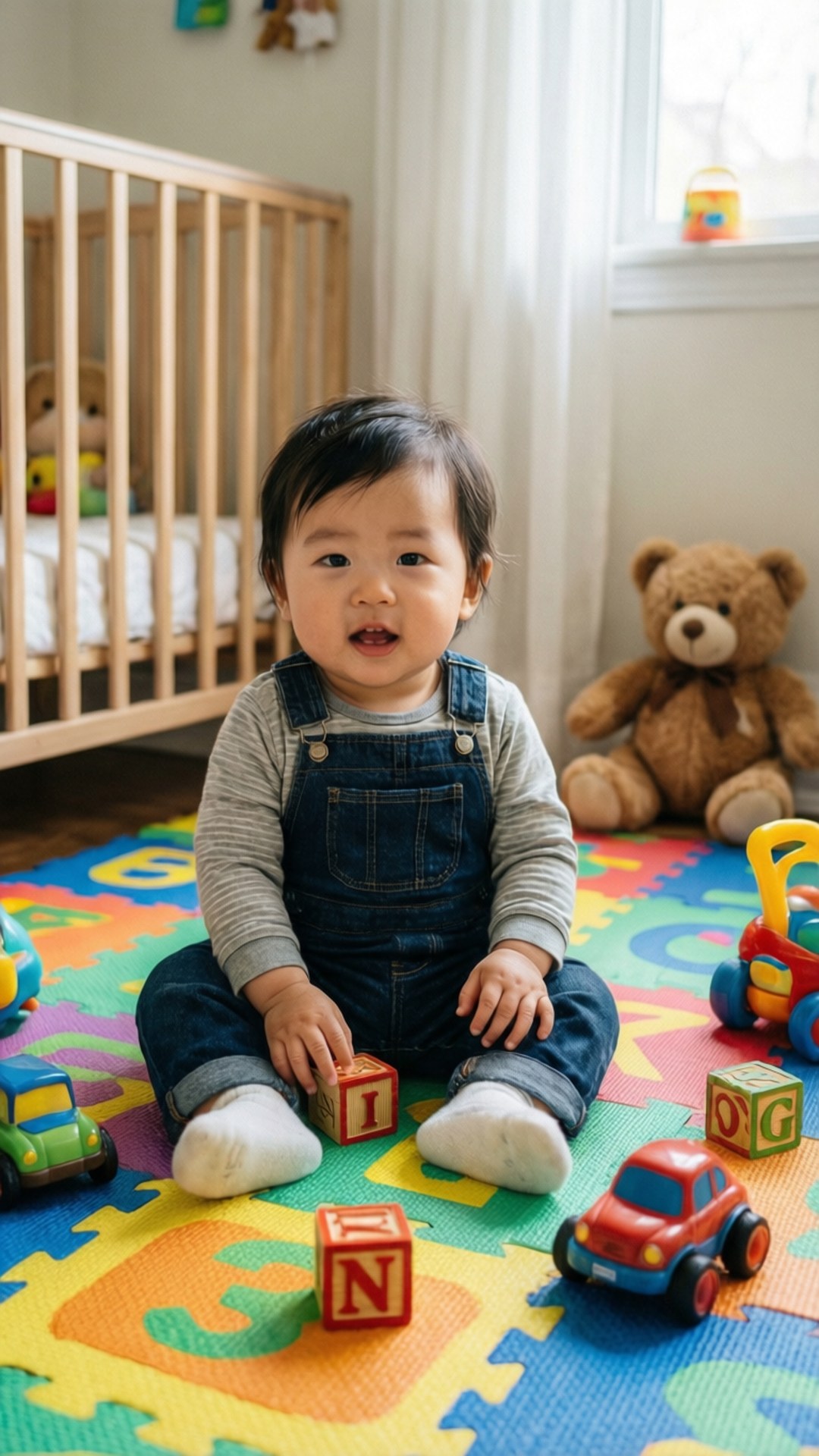 JJ's Playroom Fun 壁紙 — 一個好奇的嬰兒穿著牛仔吊帶褲，坐在色彩繽紛的字母地墊上，周圍環繞著玩具和一隻泰迪熊。