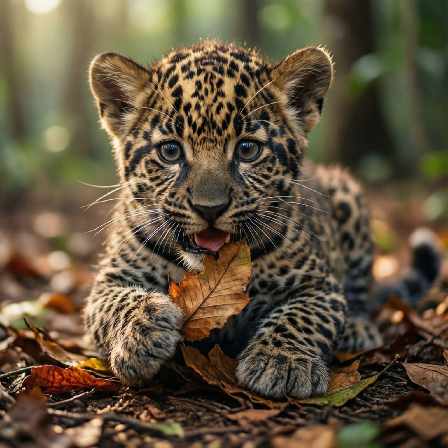 Jaguar Cub Play 壁紙 — 一隻好奇的幼年美洲豹，身上有斑點皮毛，躺在陽光明媚的森林落葉中，舌頭微微伸出。