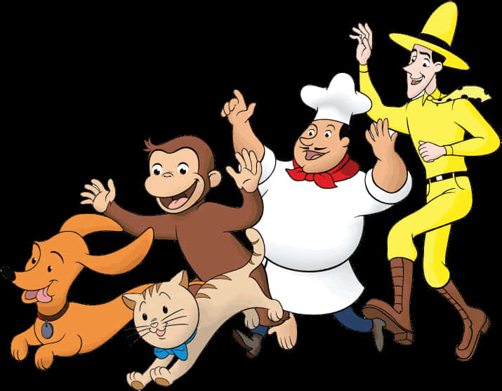 猴子 桌布 壁紙 — Curious George 和他的朋友們在黑色背景上以充滿活力的卡通風格歡快地奔跑。