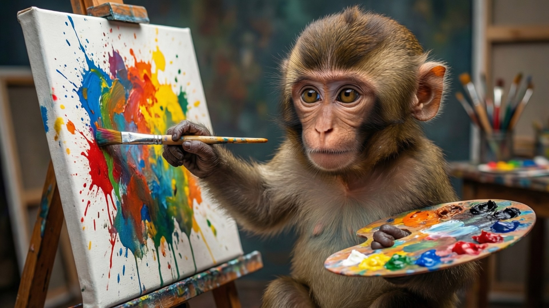 Artist Monkey 壁紙 — 一隻好奇的猴子拿著畫筆和調色板，在畫架上繪畫一幅充滿活力的抽象畫布。