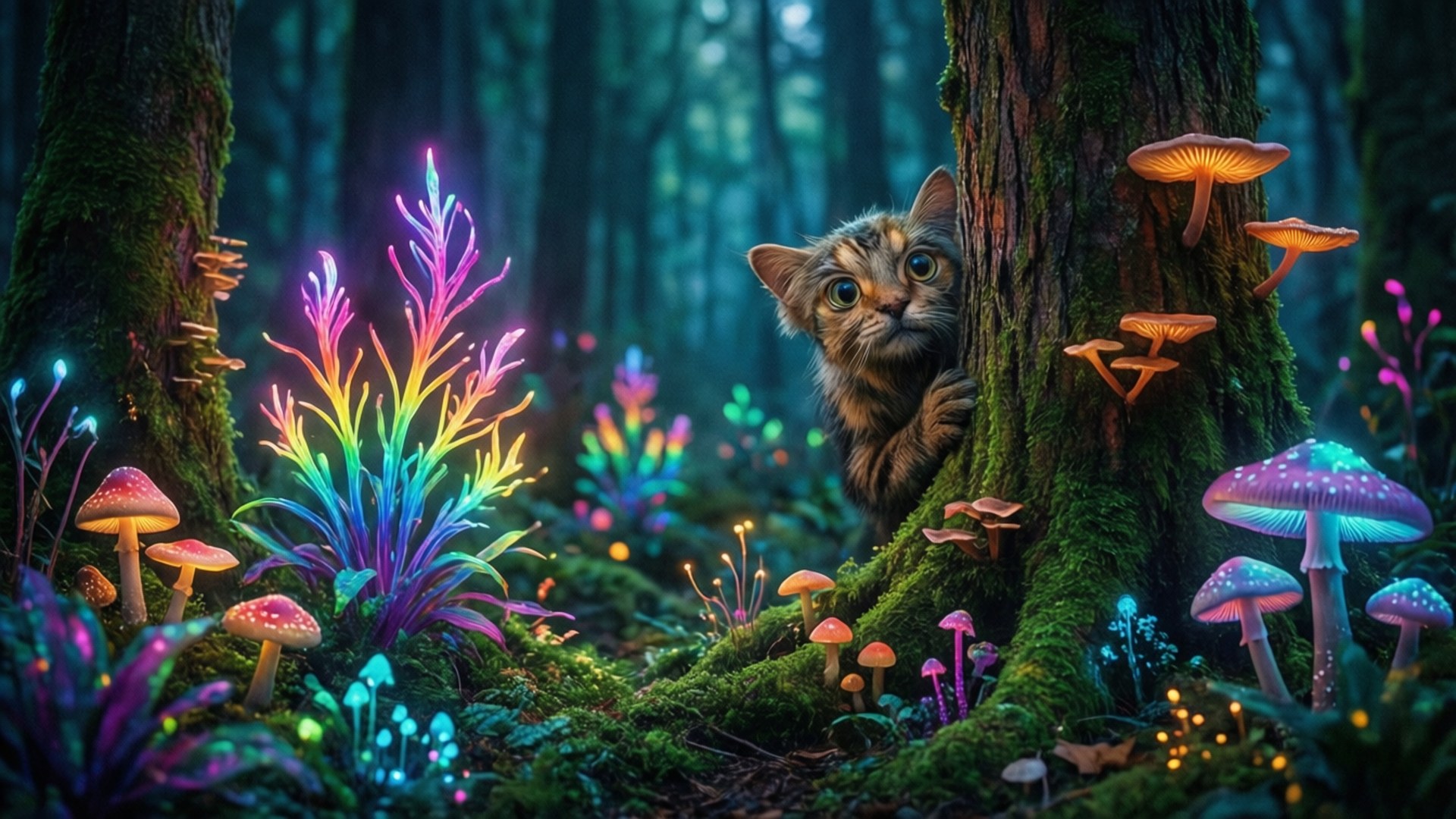 Magical Forest 壁紙 — 一隻好奇的虎斑貓在一個發光的魔法森林中，從一棵長滿苔蘚的樹後面探出頭來，周圍有霓虹蘑菇和彩虹植物。