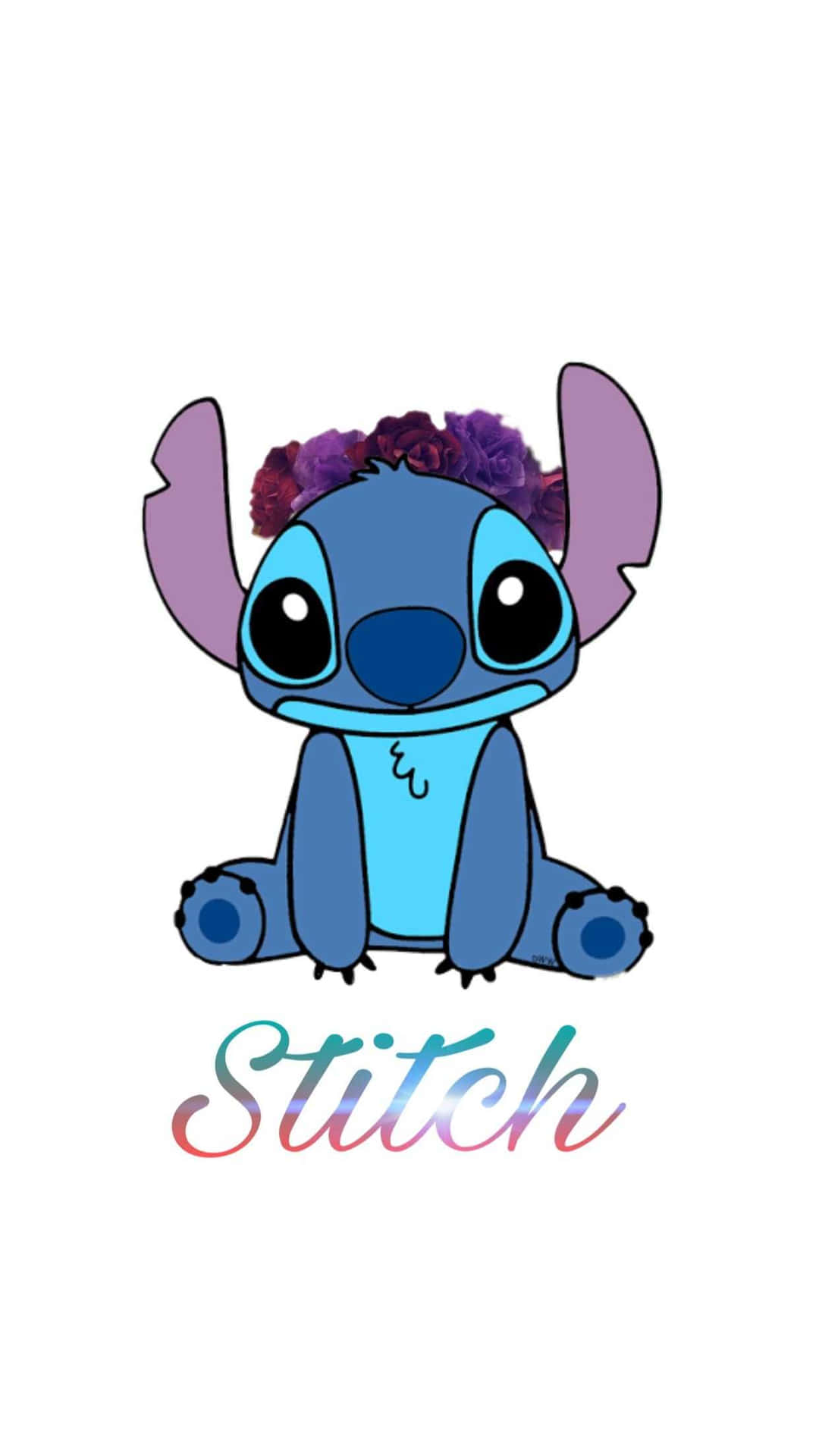 藍色卡通角色史迪奇戴著紫色花冠，下方有彩色名字。 — Stitch 壁紙