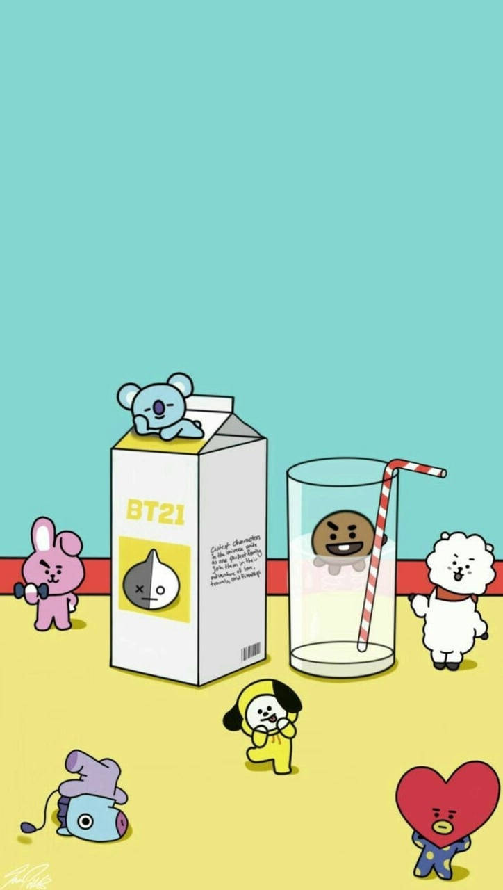 BT21卡通角色聚集在一個牛奶盒和帶有吸管的玻璃杯周圍。 — Bts 壁紙