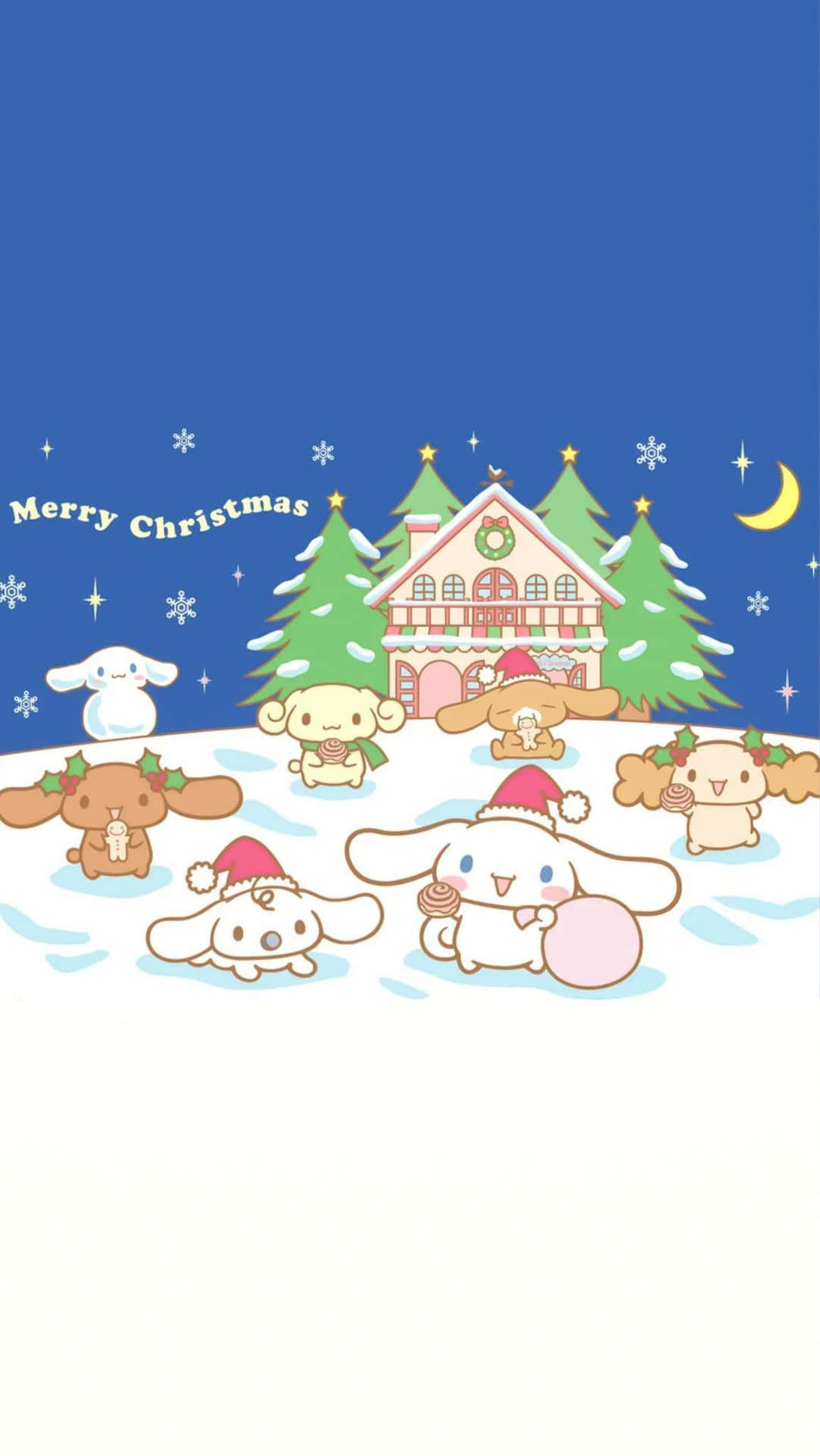  壁紙 — 可愛的卡通角色戴著聖誕帽，聚集在一間被雪覆蓋的房子周圍，背景是星空和彎月。