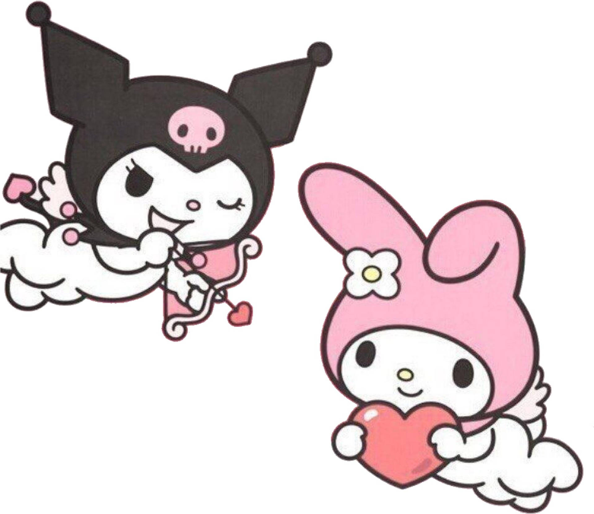 Kuromi和My Melody化身天使，在雲上手持心形。 — 庫洛米 壁紙