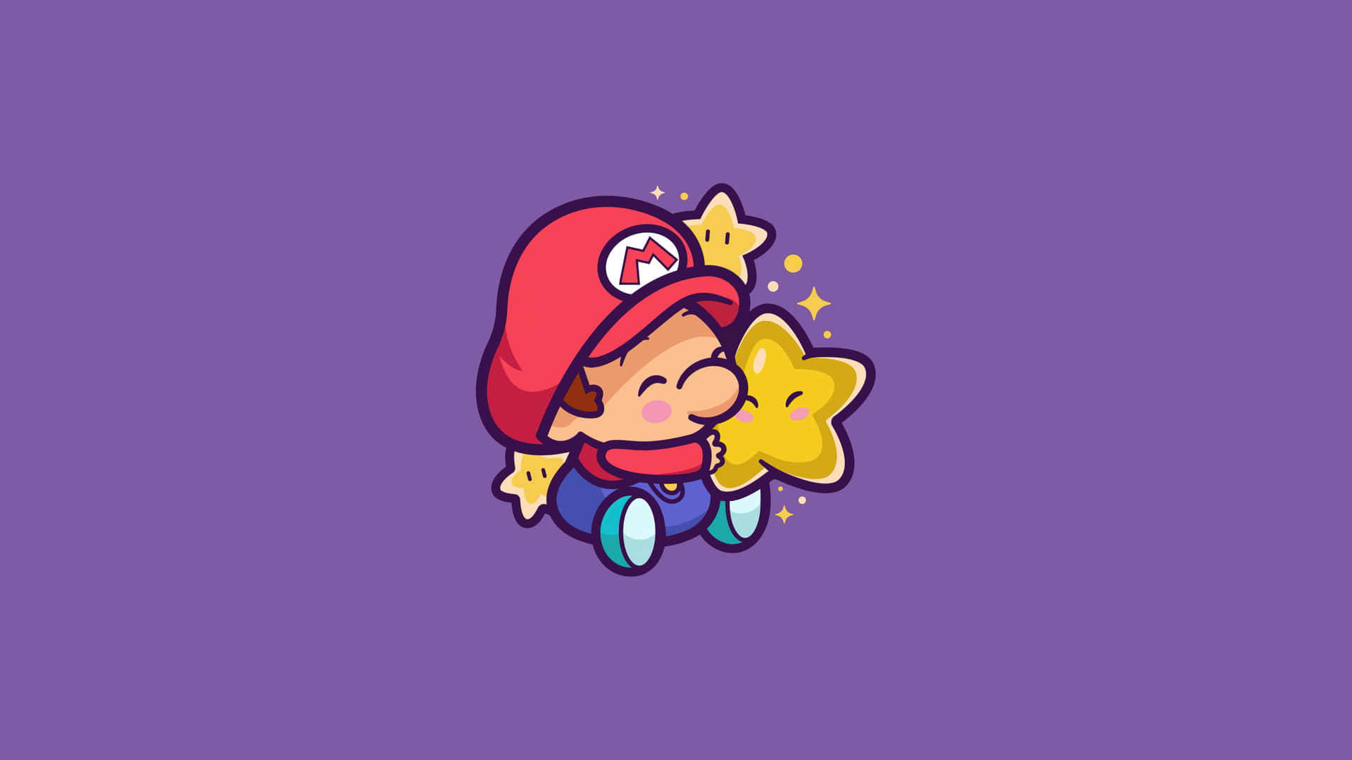  壁紙 — 可愛的chibi Mario在純紫色背景上擁抱一個微笑的星星，帶有閃光。