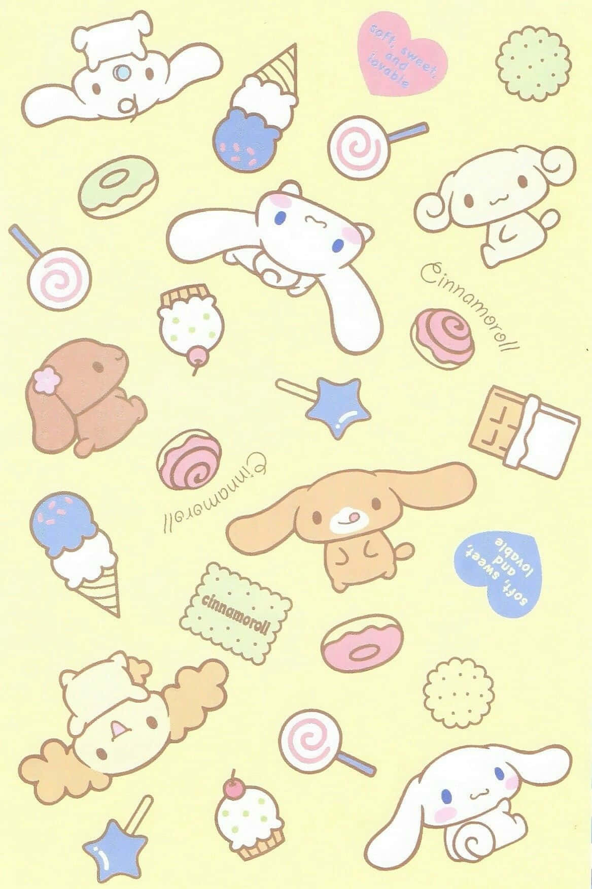 Cinnamoroll 角色和糖果在粉彩黃色背景上漂浮。 — 肉桂捲 壁紙