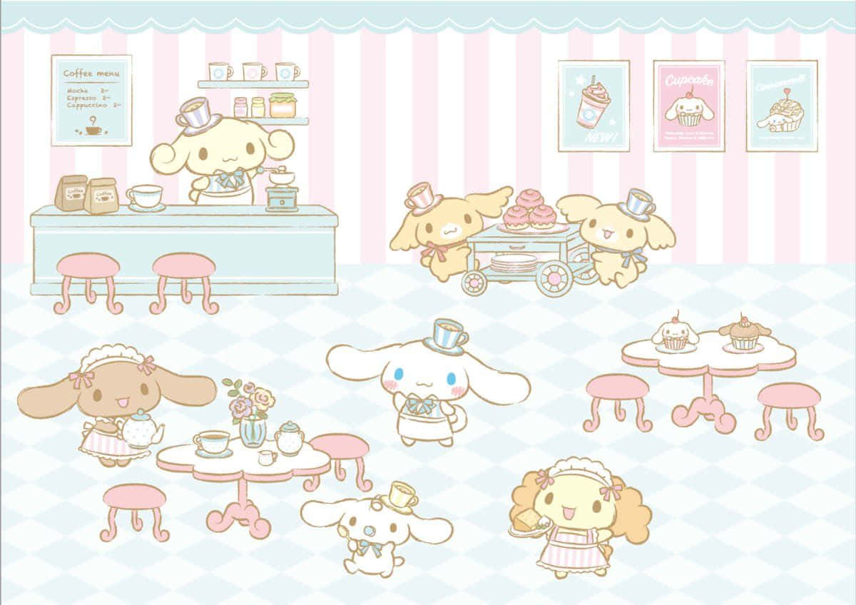  壁紙 — 可愛的粉彩咖啡廳場景，My Melody 角色在條紋房間裡提供茶和糕點。