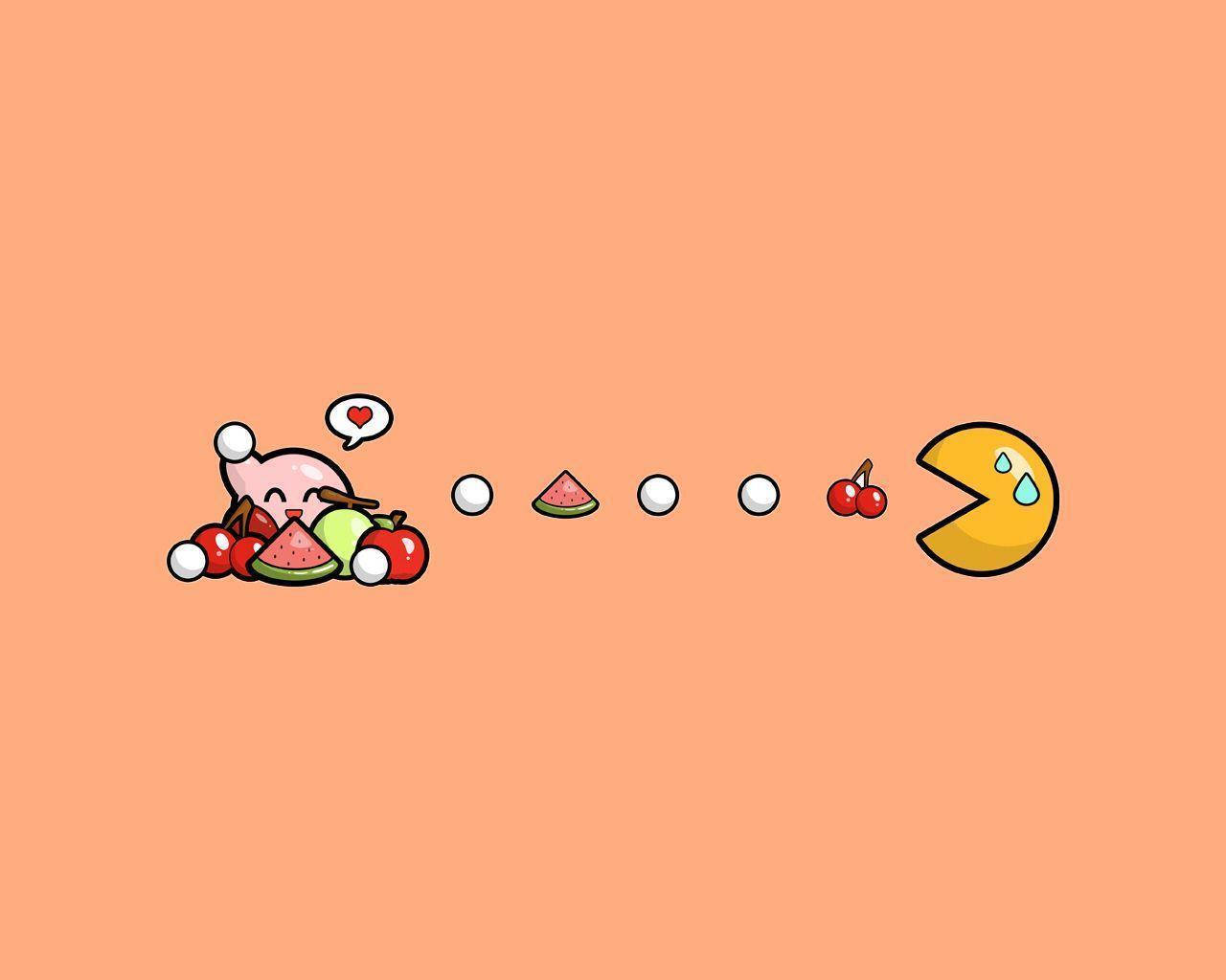 可愛的粉紅色角色與水果追逐著流汗吃櫻桃的 Pac-Man。 — 卡比 壁紙