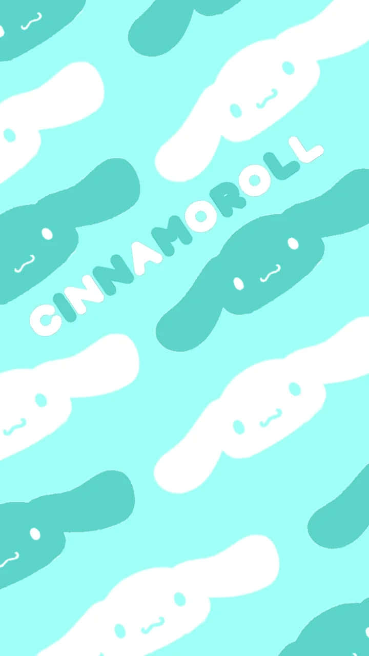Cinnamoroll Aesthetic 桌布 壁紙 — 一個可愛的重複圖案，淺藍色背景上有青綠色和白色的Cinnamoroll角色，並有白色的CINNAMOROLL字樣。
