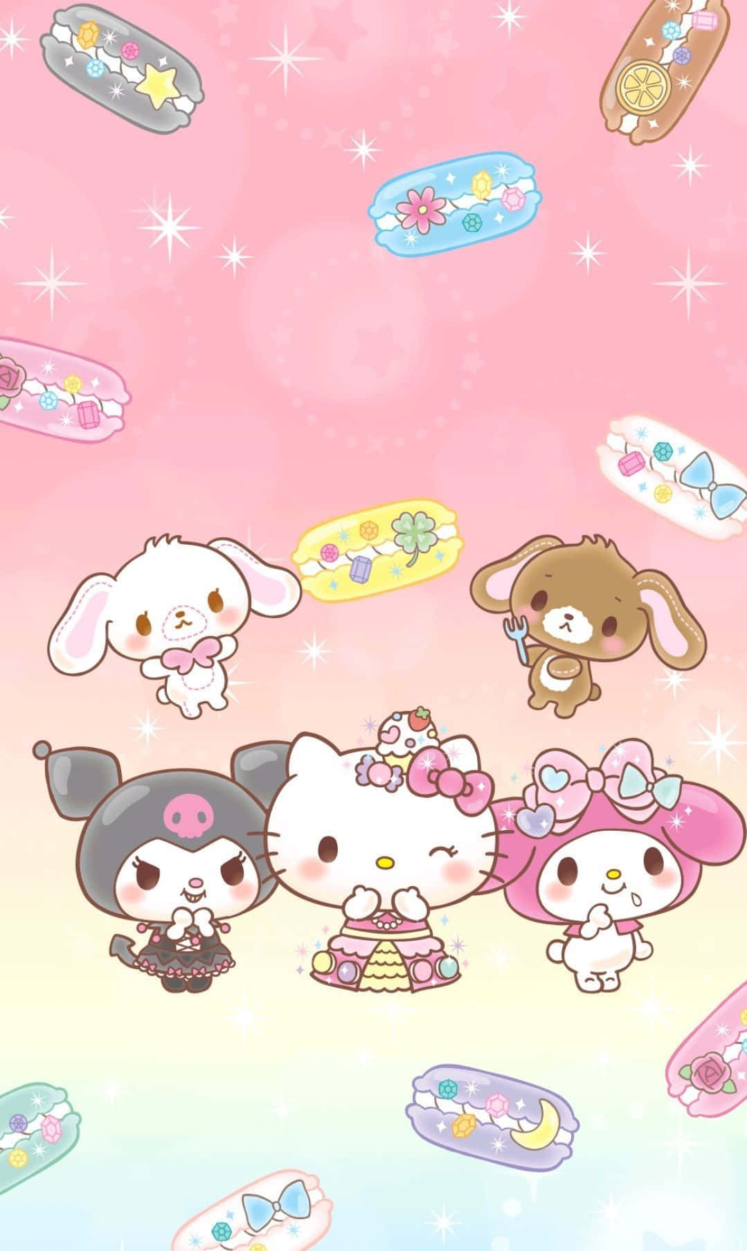 Sanrio角色與糖果主題物品和閃光一起漂浮在粉彩色漸變上。 — Hello Kitty 壁紙