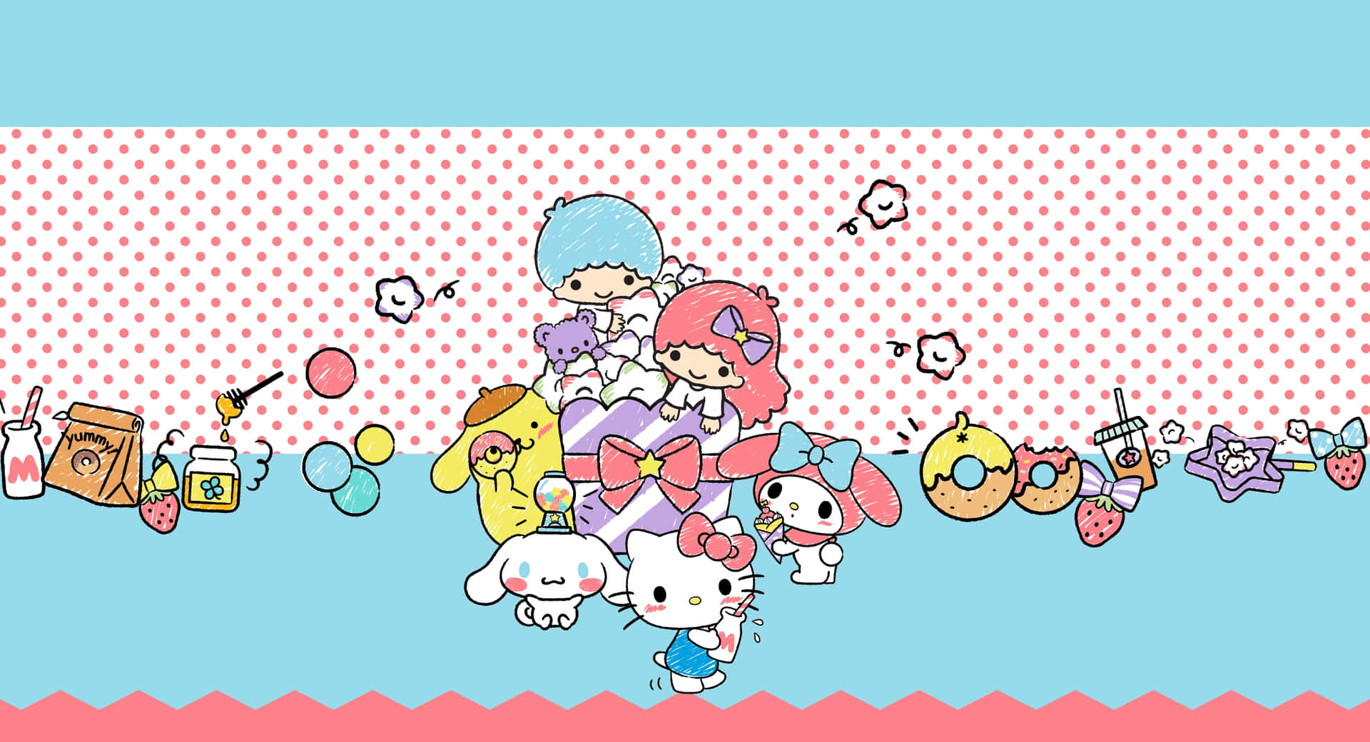 Sanrio角色與甜點在粉彩圓點背景上 — Hello Kitty 壁紙