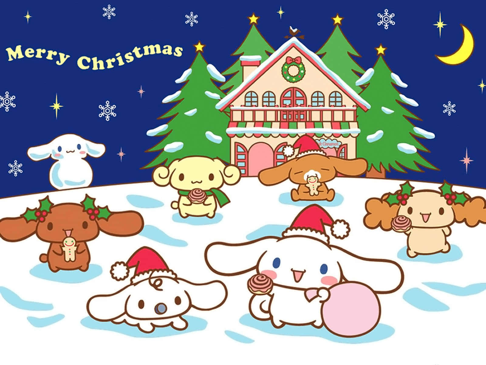 Sanrio Christmas 桌布 壁紙 — 可愛的Sanrio角色戴著節日聖誕帽，在星光燦爛的夜空下，在有聖誕屋的雪白冬日仙境中玩耍。