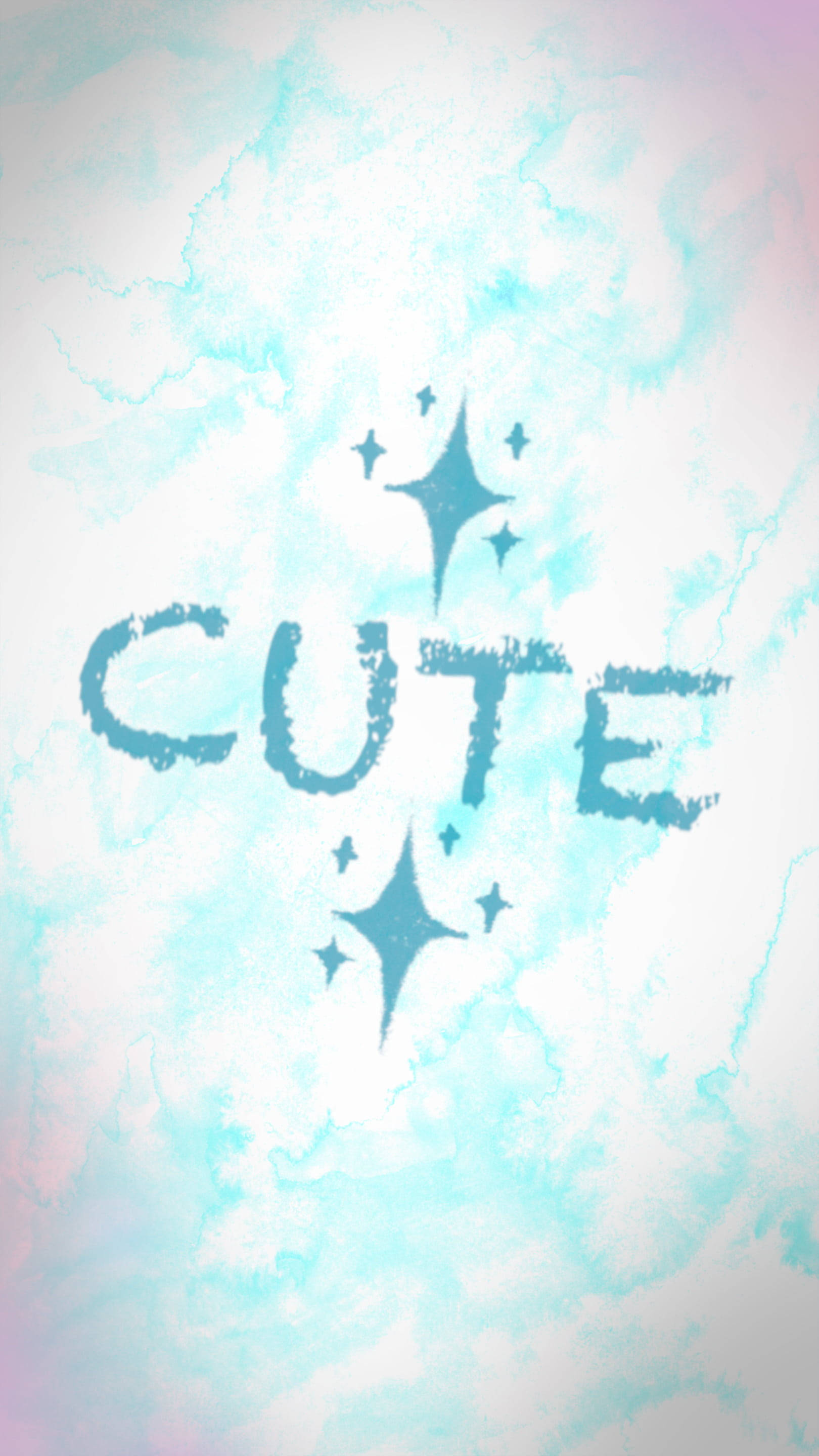 Cute Writing 桌布 壁紙 — 「cute」一字以帶紋理的青綠色字體呈現，周圍環繞閃爍星星，背景為薄荷色與腮紅色的柔和水彩風格。