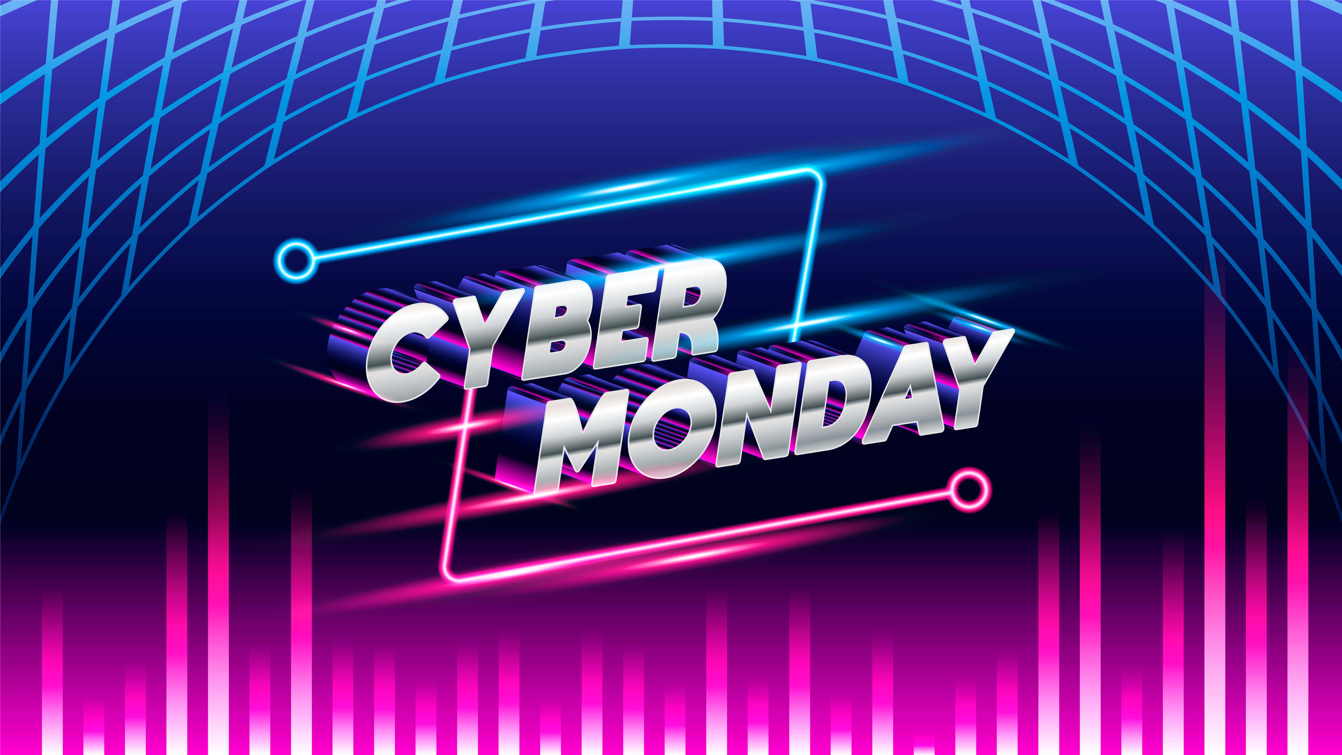 Monday 桌布 壁紙 — Cyber Monday 文字以金屬3D發光，帶有霓虹藍和粉紅光條，背景為數位網格隧道。