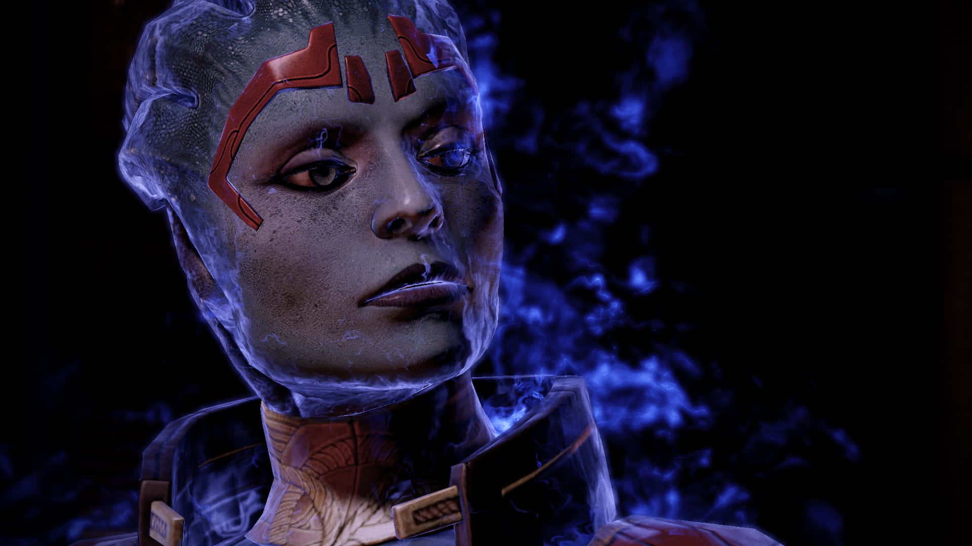 Mass Effect Samara 桌布 壁紙 — 一個半透明頭部周圍有發光藍色煙霧旋轉、帶有紅色面部標記的賽博格人形生物。