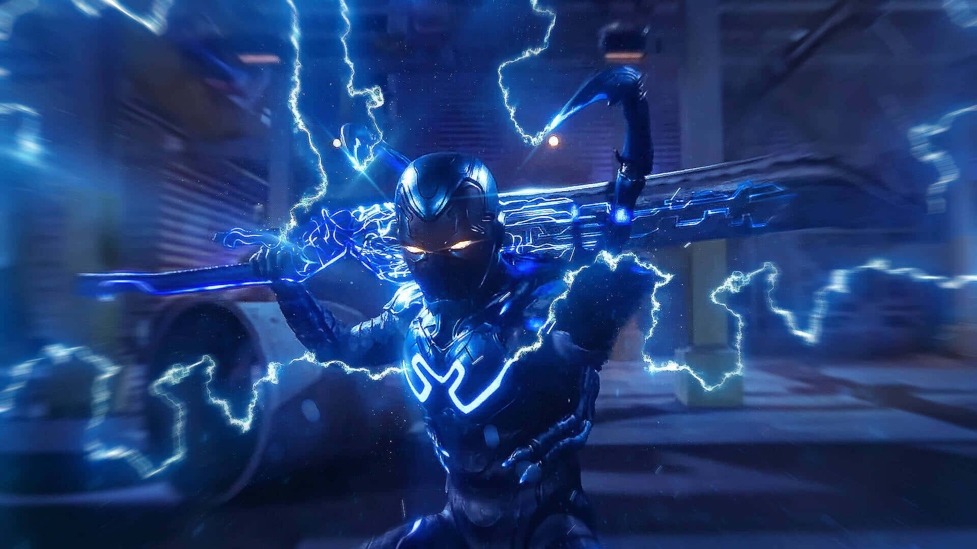  壁紙 — 一位身穿發光藍色盔甲的網路戰士，在未來都市小巷中揮舞著閃電強化的劍。