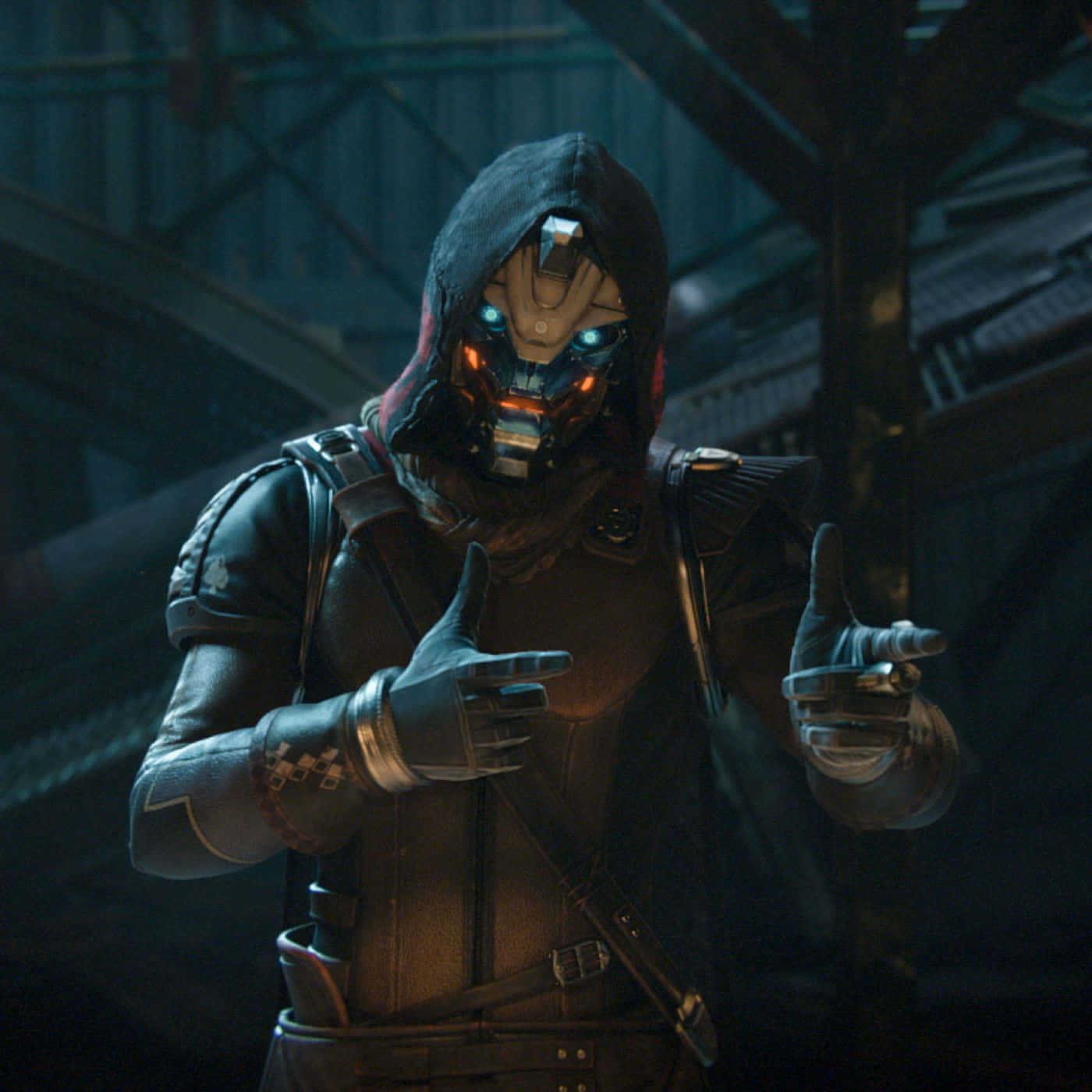 Cayde 6 桌布 壁紙 — 一個身穿深色連帽服的網路戰士，擁有發光的藍色眼睛和橙色點綴，站在昏暗的工業環境中。