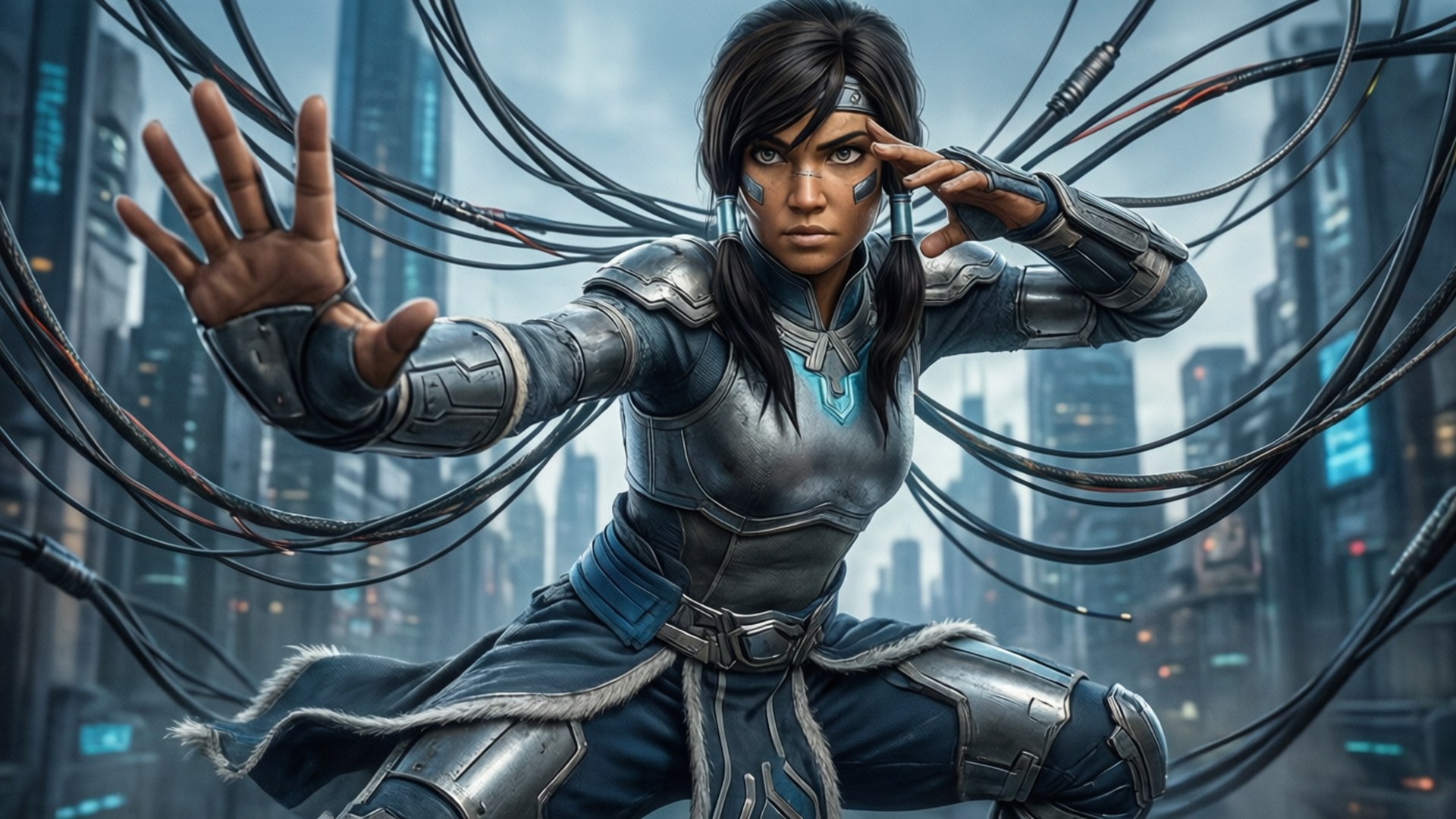 Korra Metalbending Action 壁紙 — 一名身穿金屬盔甲的網路戰士，在未來城市景觀中蓄勢待發，周圍環繞著旋轉的電纜和發光的藍色點綴。