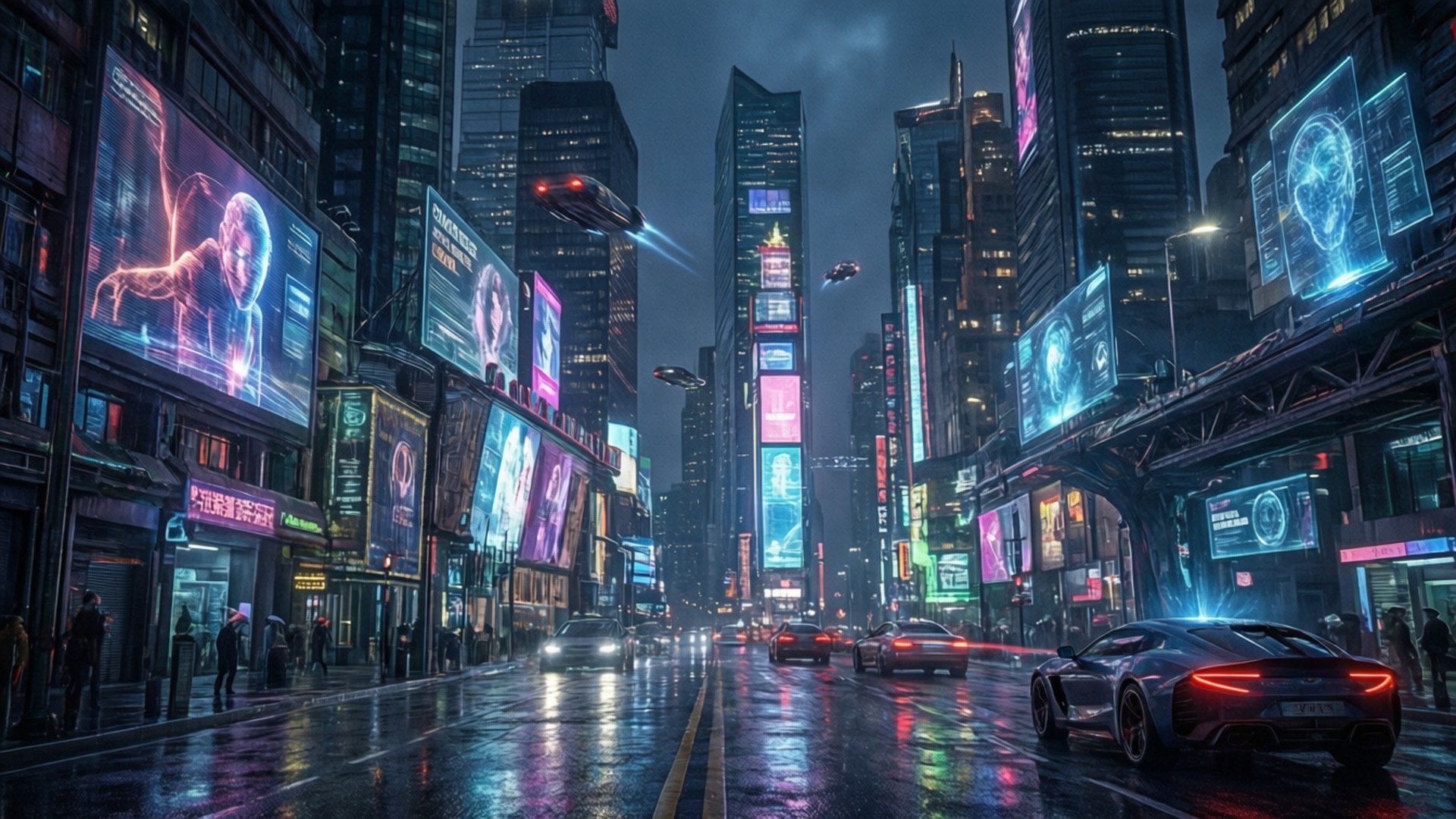 Neon Cyberpunk Cityscape 壁紙 — 雨濕的霓虹燈光 cyberpunk 城市街道，夜晚有飛車和高聳的全息廣告牌。