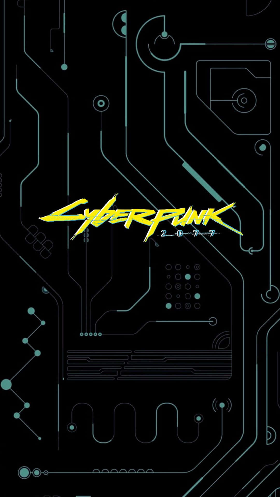 電馭叛客2077 桌布 壁紙 — Cyberpunk 2077 標誌在黑色電路板背景上發出霓虹黃色光芒，並帶有發光的藍綠色路徑。