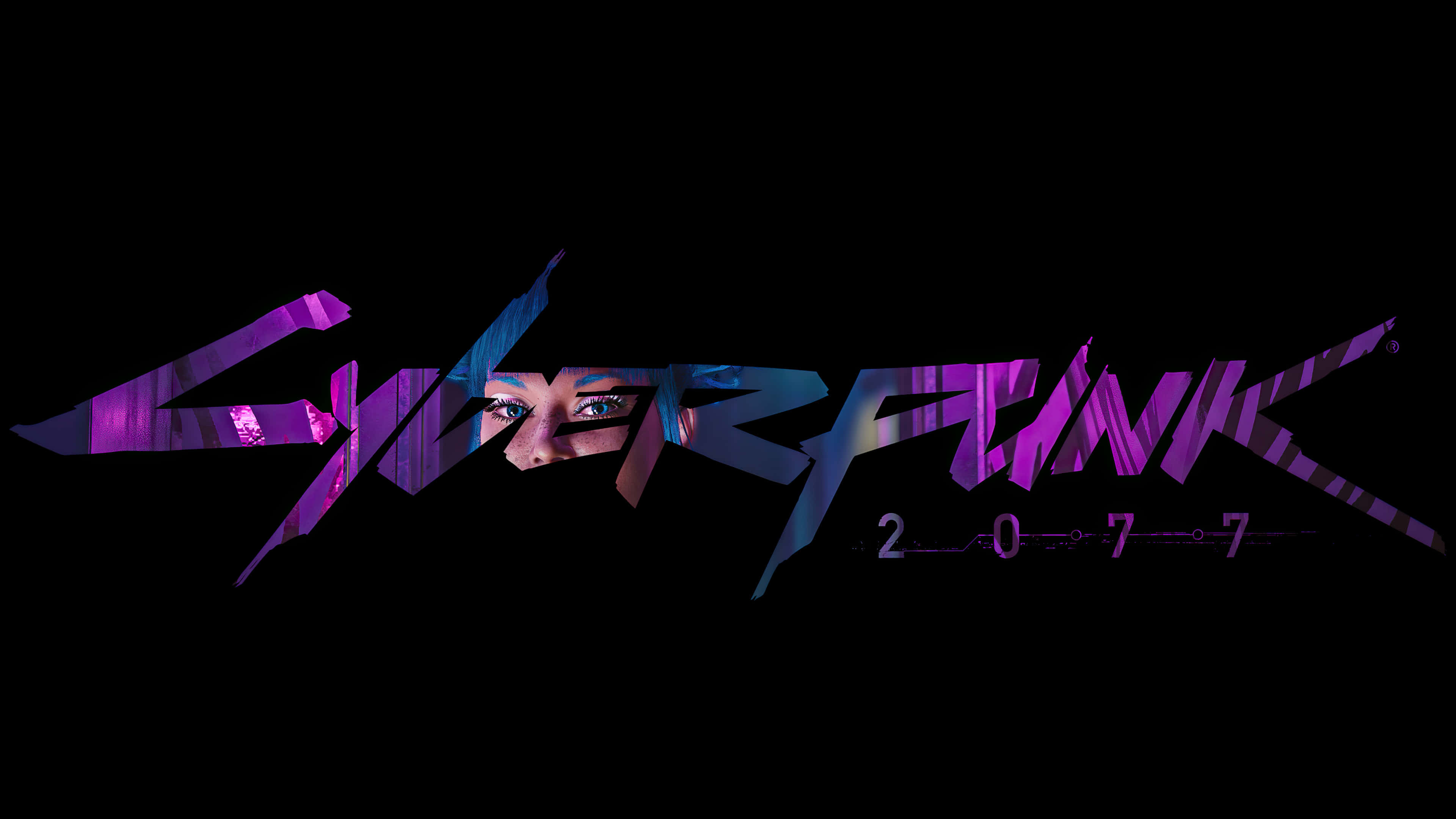Dark Cyberpunk 桌布 壁紙 — Cyberpunk 2077 標誌，女性眼睛透過風格化的霓虹紫色和藍色字體在黑色背景上窺視。