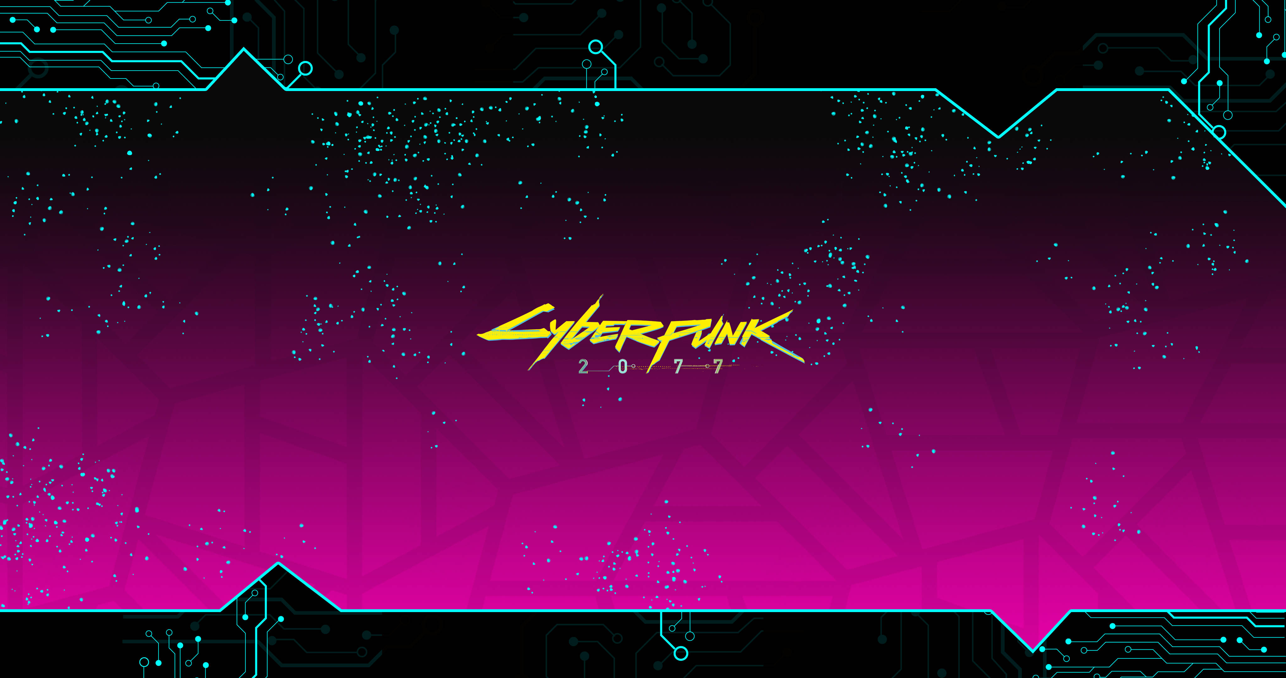 Cyberpunk Desktop 桌布 壁紙 — Cyberpunk 2077 標誌在洋紅色漸層背景上以霓虹黃色發光，並由發光電路板圖案框住。