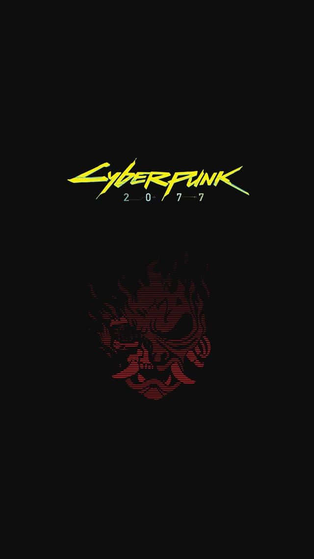Pixel 3 Cyberpunk 2077 桌布 壁紙 — Cyberpunk 2077 標誌在黑色背景上發出霓虹黃光，下方有一個紅色像素化骷髏頭。