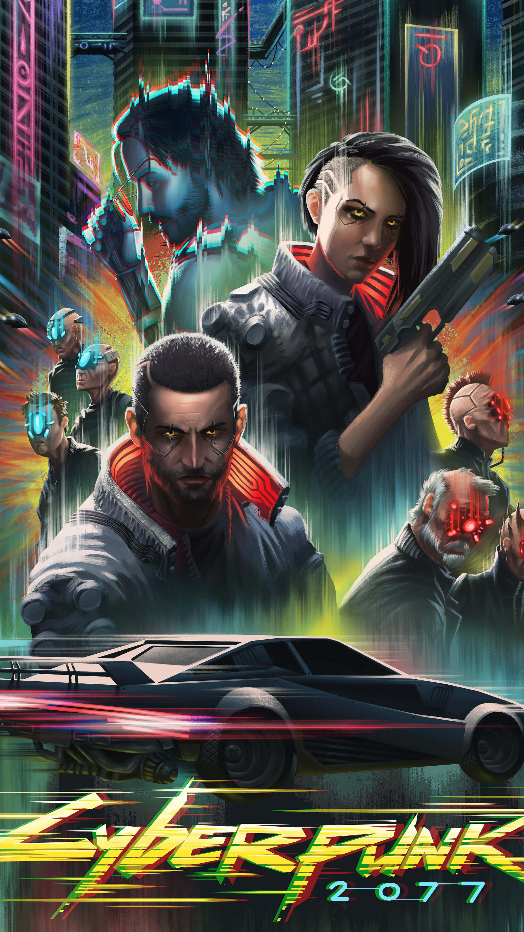 Cyberpunk 2077 Characters 桌布 壁紙 — Cyberpunk 2077 海報，展示霓虹燈照亮的城市景觀、武裝角色和一輛高速行駛的未來汽車。