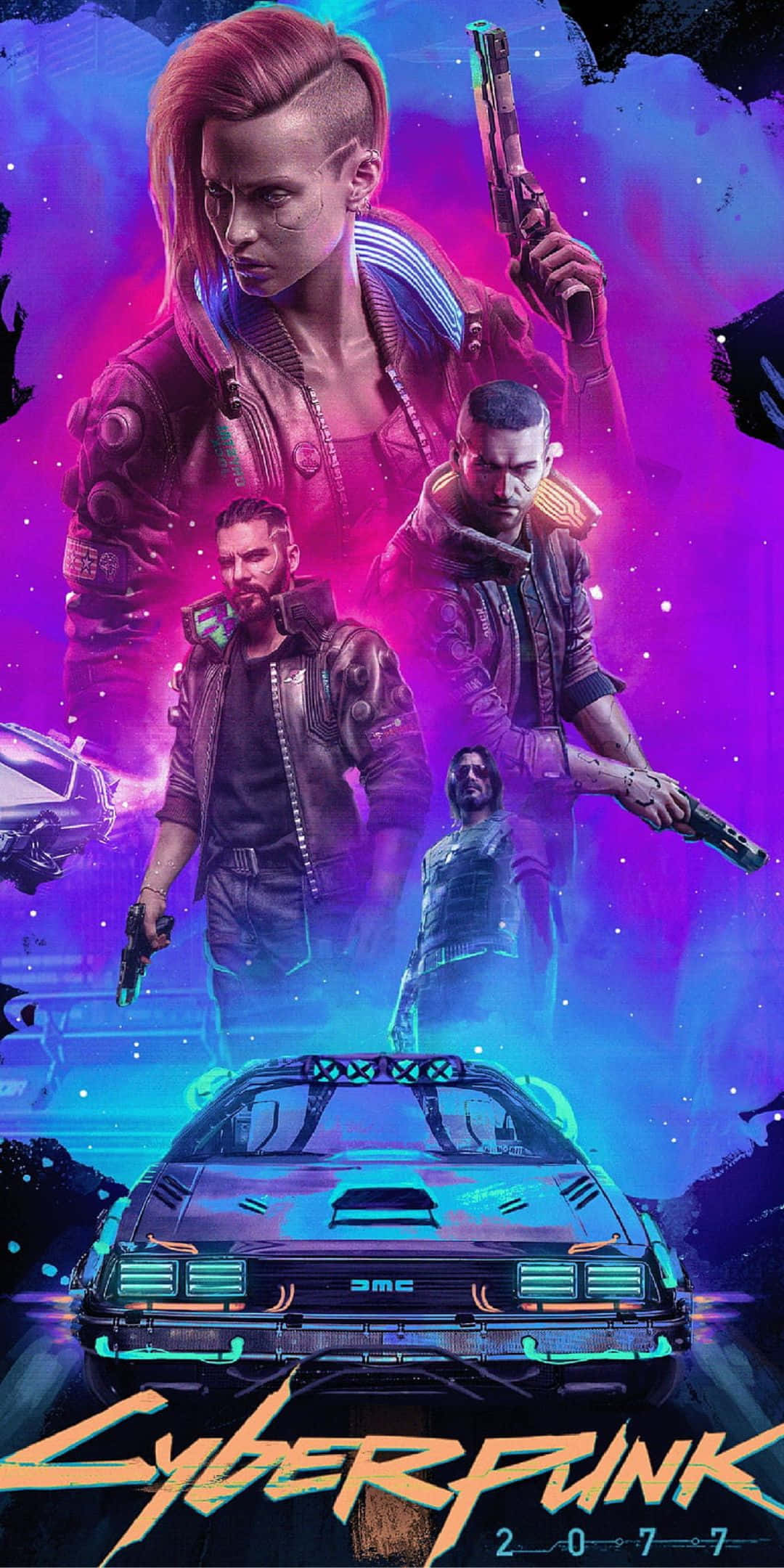 Pixel 3 Cyberpunk 2077 桌布 壁紙 — Cyberpunk 2077 海報，展示四個武裝角色和一輛發光的汽車，背景是霓虹紫色和藍色的宇宙背景。