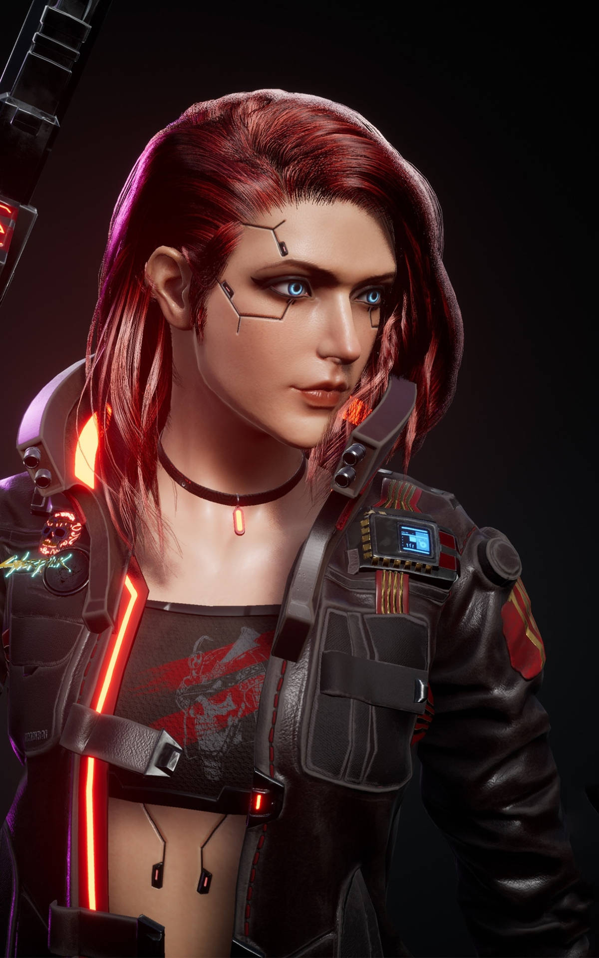女性幫派成員 Cyberpunk Android 壁紙 — 一位紅髮、帶有發光紅色機械裝置的賽博龐克女性，在黑暗的未來場景中專注地凝視。