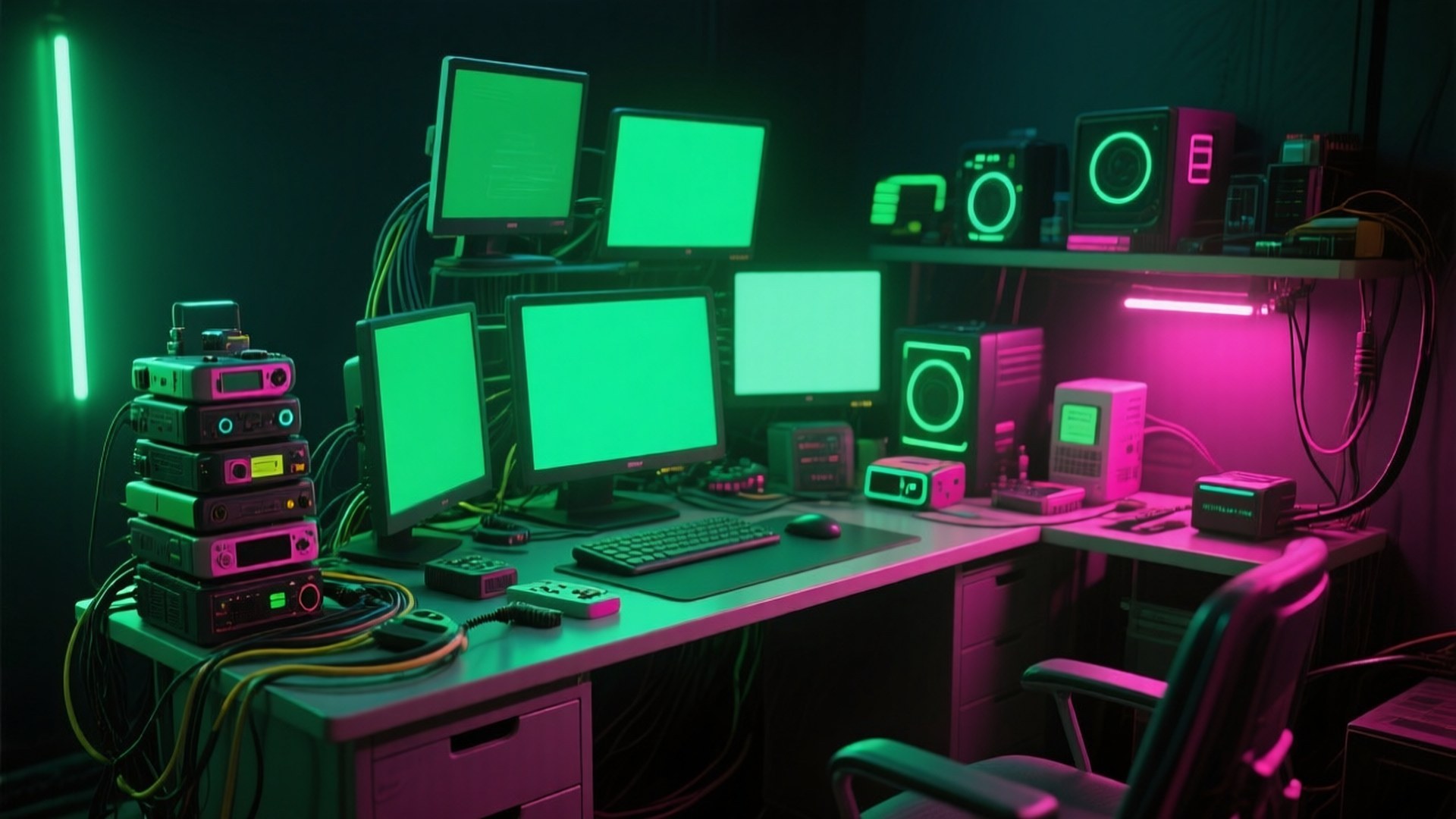 Cyberpunk Hacker Desk 壁紙 — 一張 cyberpunk 風格的桌子，沐浴在霓虹綠和粉紅光中，有多個發光的顯示器和堆疊的復古科技。