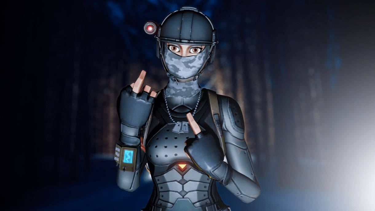 身穿暗色盔甲的賽博龐克忍者在霓虹燈下做出搖滾手勢。 — Fortnite 壁紙
