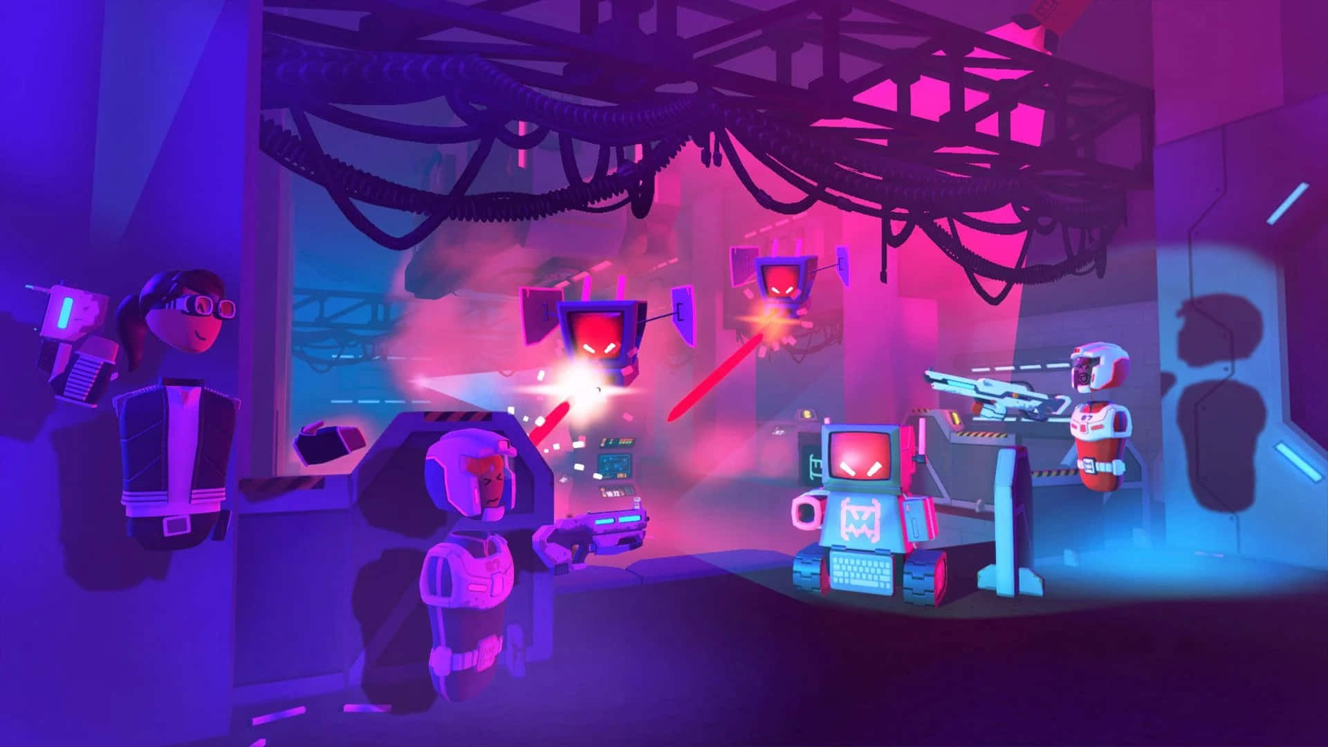  壁紙 — Cyberpunk 機器人在充滿霓虹燈的未來實驗室中戰鬥，閃爍的電線和雷射爆炸。