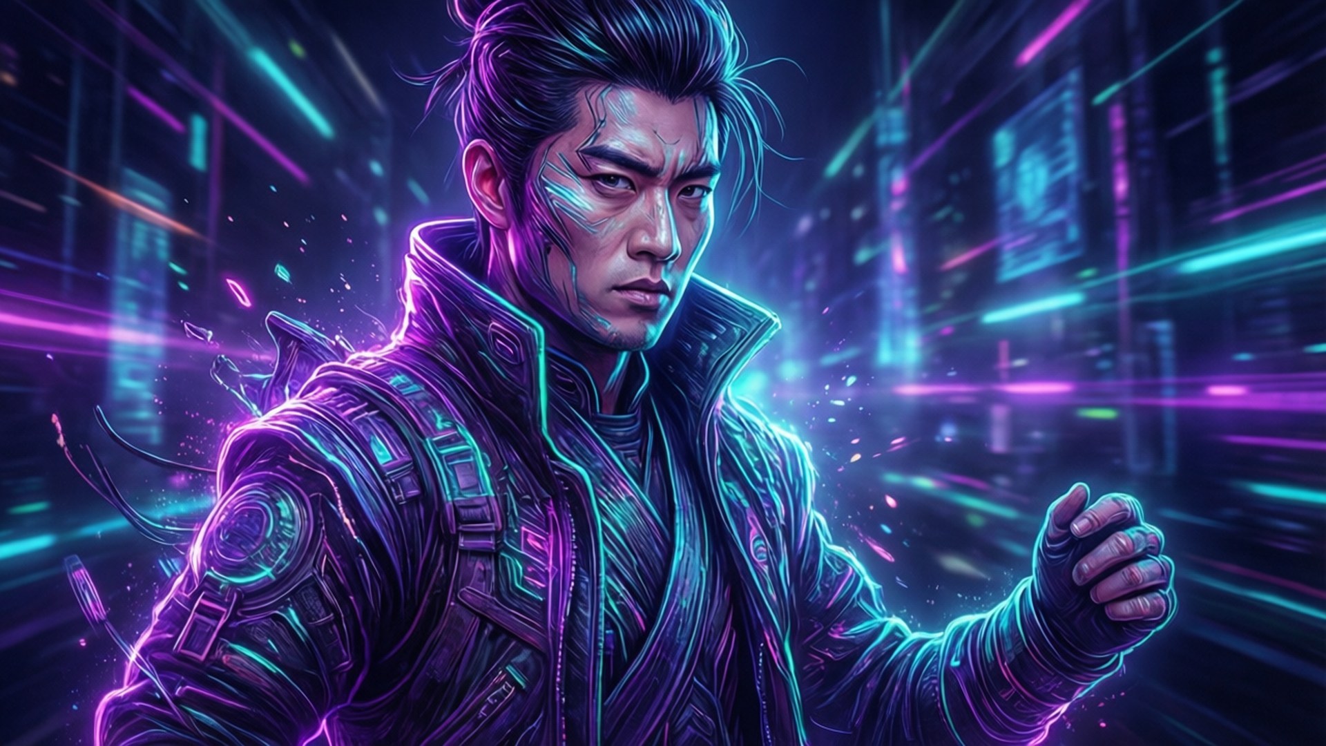 Neon Hu Tao 壁紙 — 一個穿著發光霓虹裝甲的賽博龐克戰士，挑釁地站在一個充滿紫色和青色光芒的數位城市景觀前。