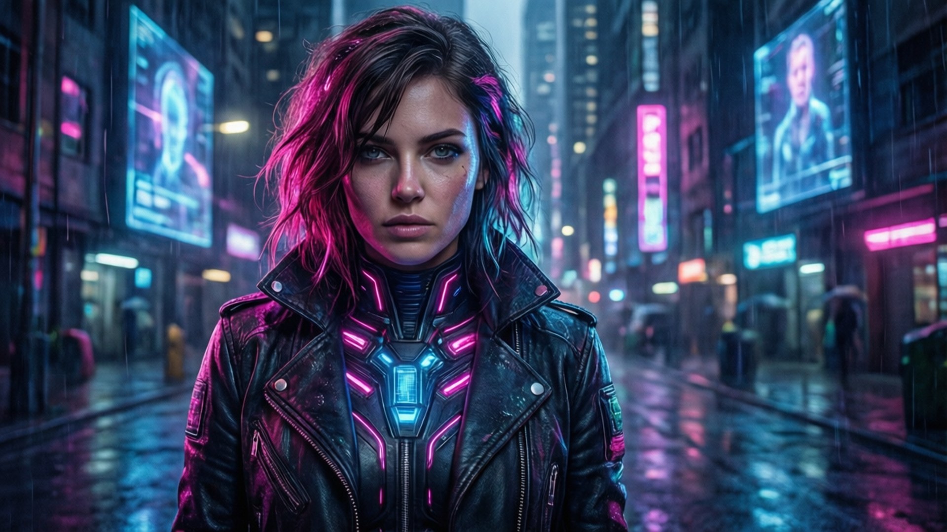 Neon Noir 壁紙 — 一個穿著發光外套的賽博龐克女性，夜晚站在被雨水浸濕的霓虹城市街道上。