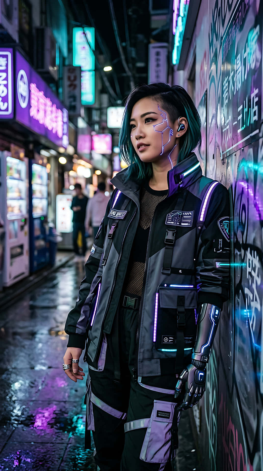 一位身穿發光賽博龐克裝備的女性靠在霓虹燈照亮的牆上，身處下雨的東京小巷。 — 夜景城市 壁紙