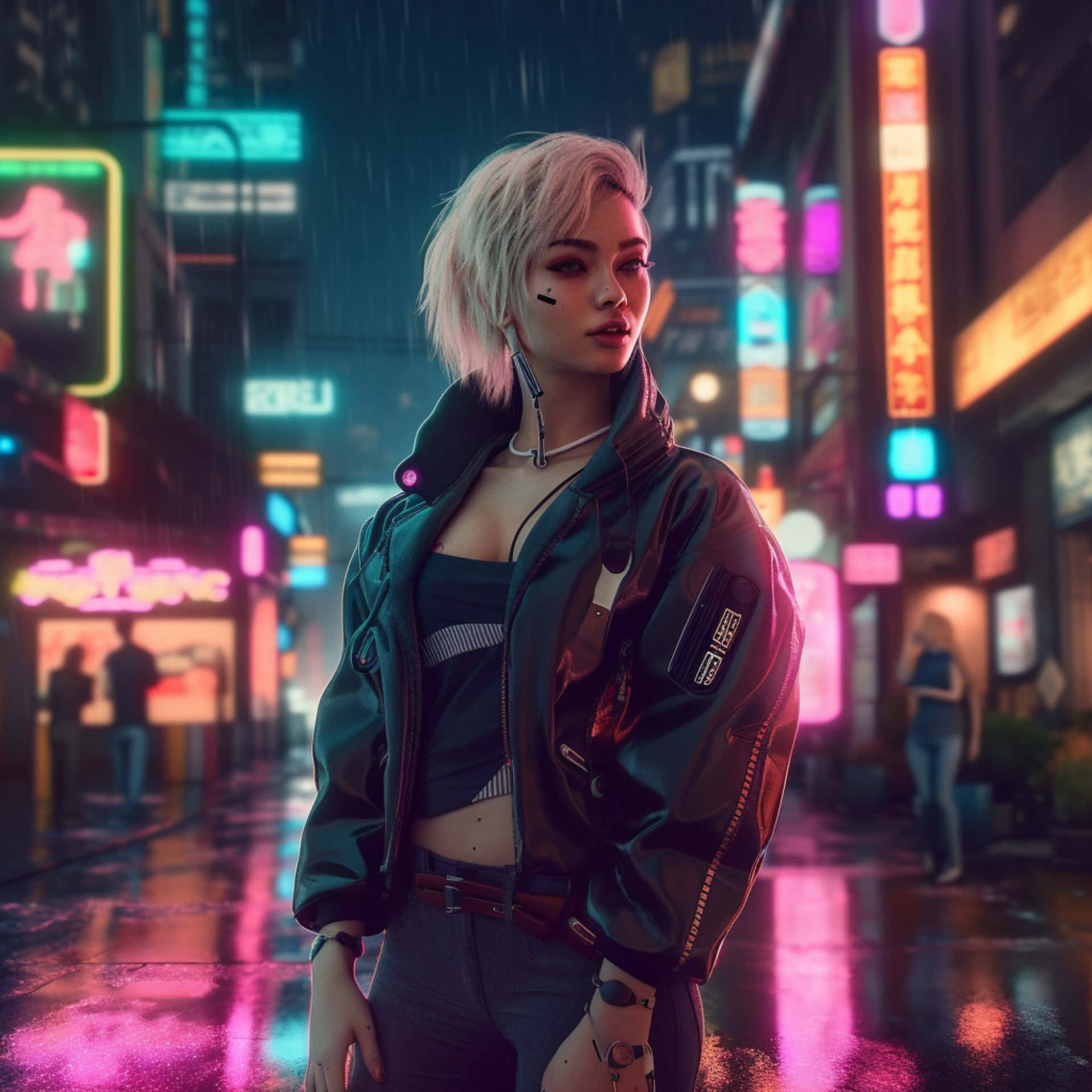  壁紙 — 一位短金髮的賽博龐克女性站在被雨淋濕、霓虹燈閃爍著粉紅和藍光的城市街道上。