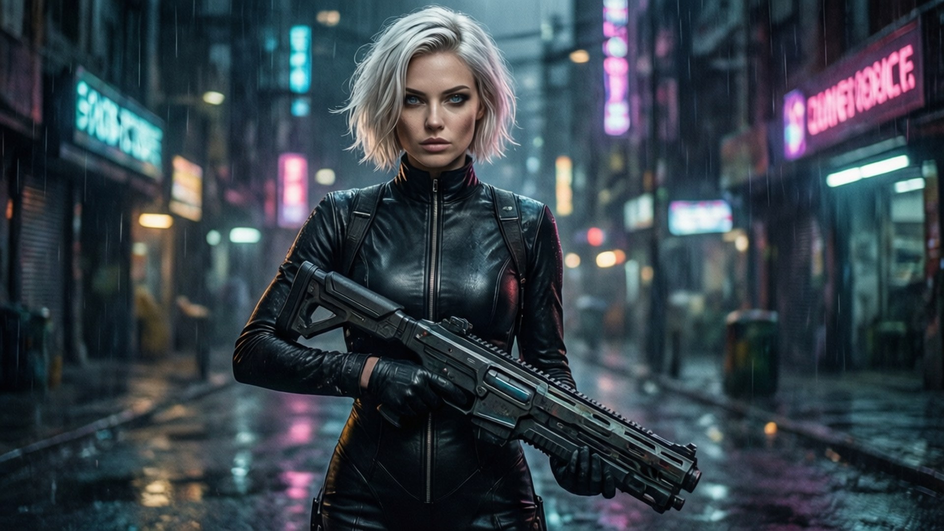 Cyberpunk Badass Babe 壁紙 — 一位短銀髮的賽博龐克女性在夜晚霓虹燈閃爍、雨水浸濕的城市小巷中手持步槍。