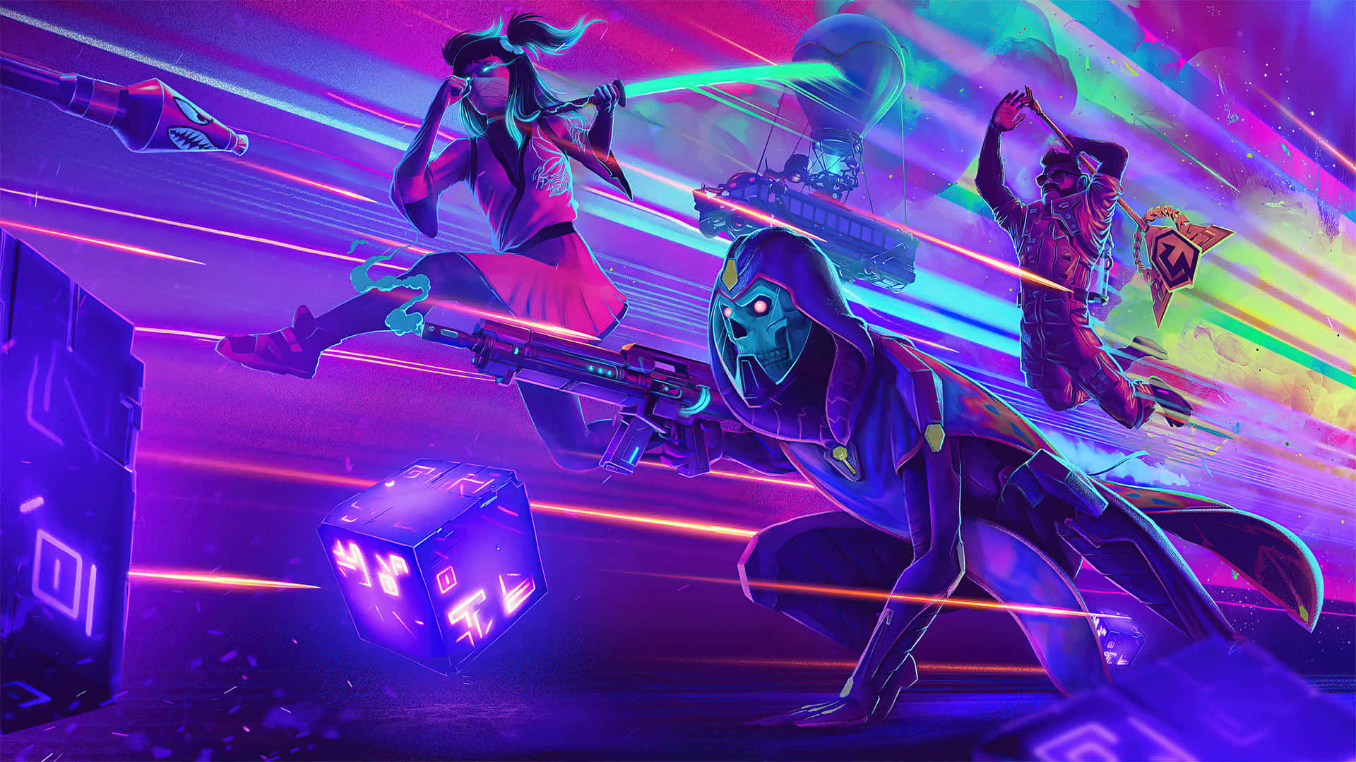  壁紙 — Cyberpunk 戰士在充滿霓虹燈的數位競技場中戰鬥，手持發光武器並留下光跡。