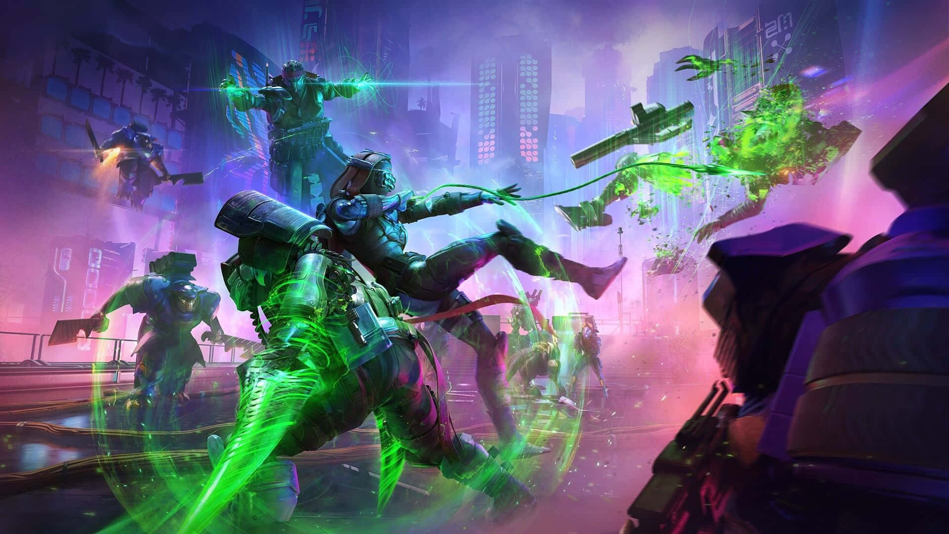  壁紙 — Cyberpunk 戰士在霓虹燈照亮的城市街道上，手持發光的綠色能量武器，伴隨著飛揚的碎片激烈衝突。